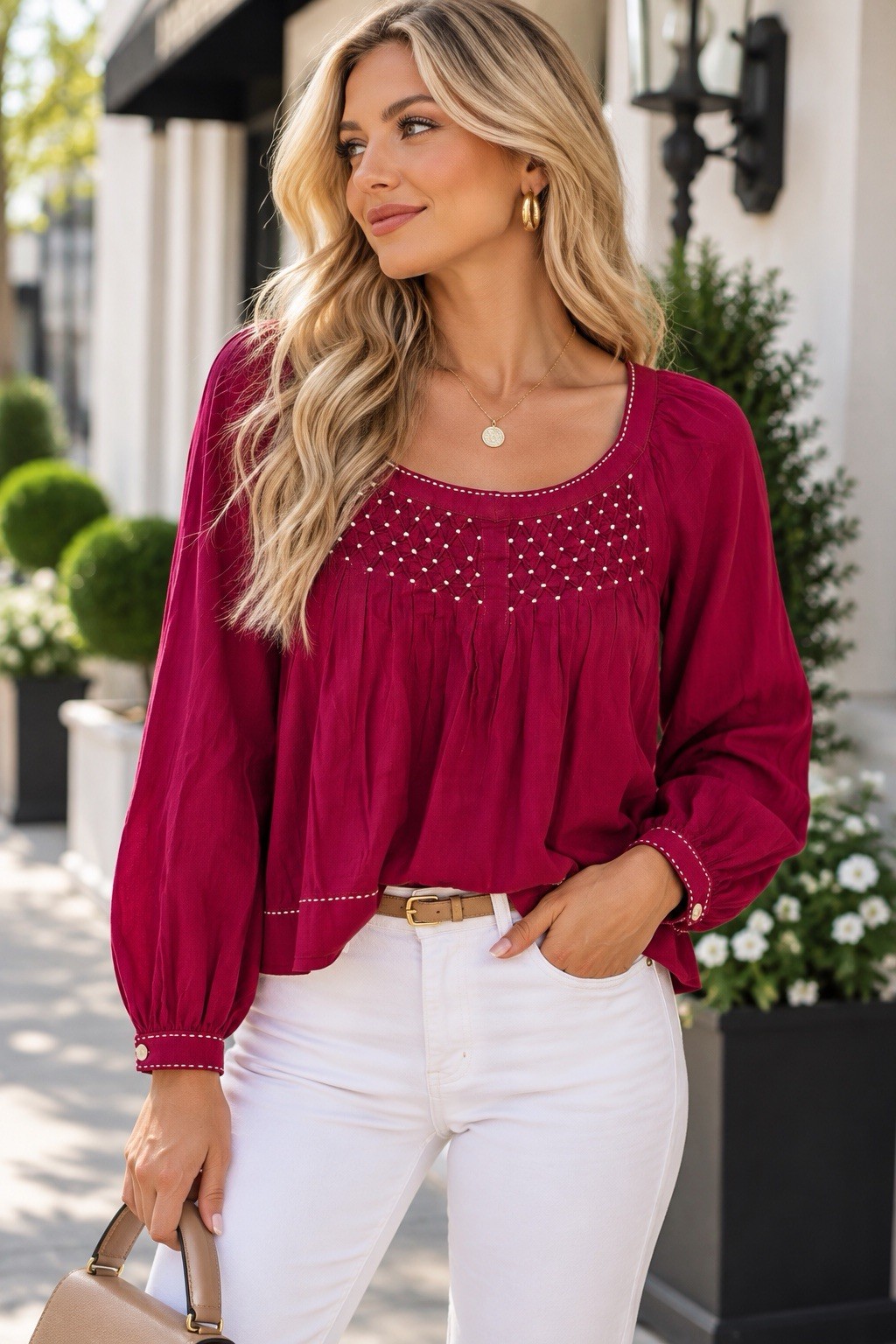 LOFT Burgundy Embroidered Pleated Blouse Long Sleeve Peasant Top Boho Tunic NWT