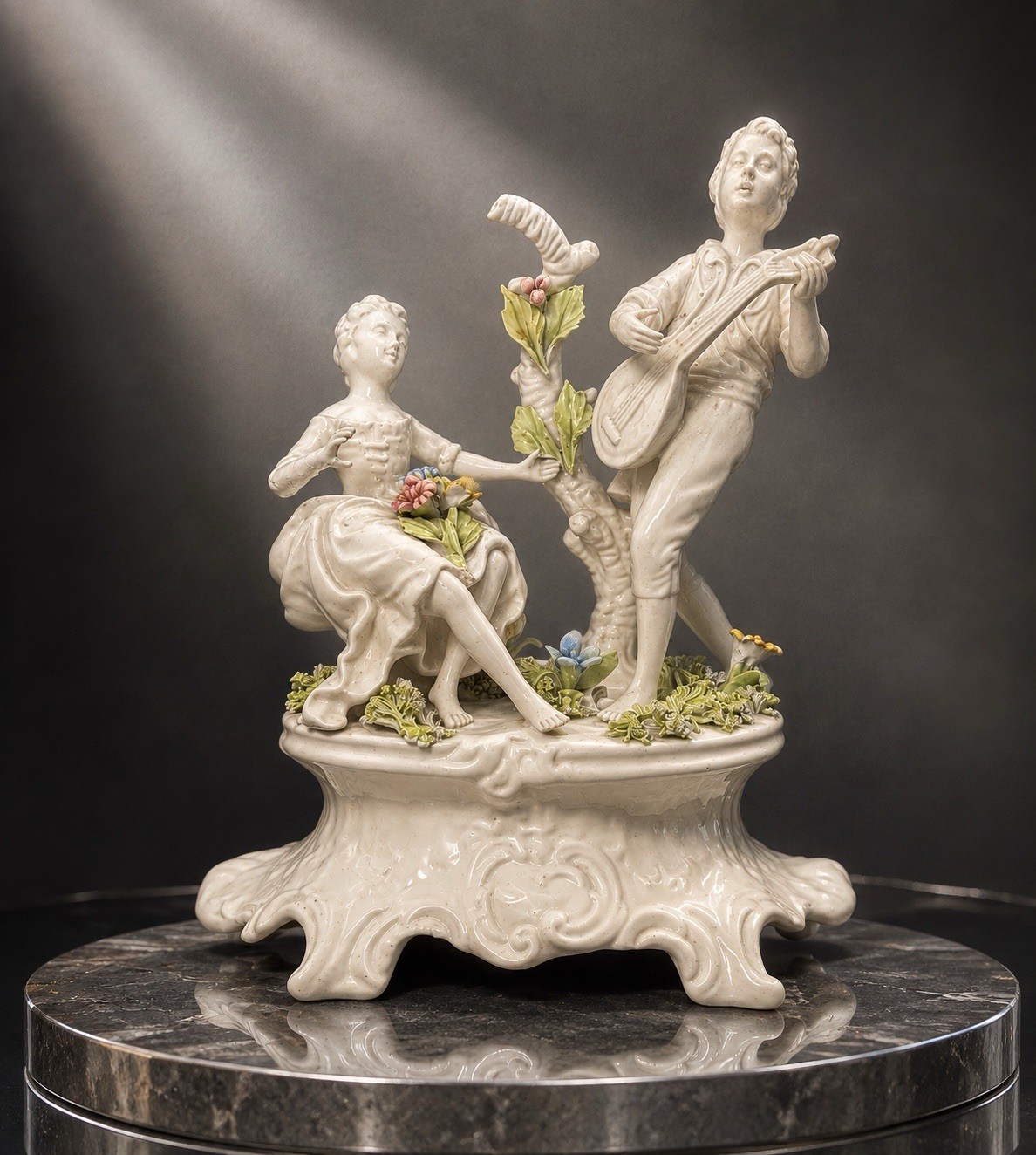 Italy 1950s Porcelain Figurine Capodimonte Style Musicians White, 8x9.5\