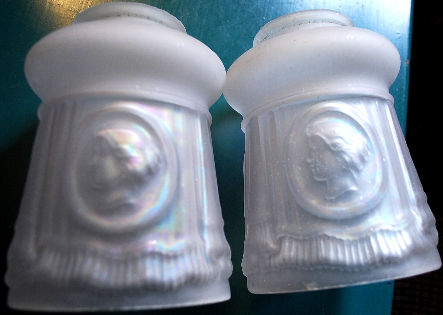 Set 2 Antique Victorian PRESSED IRIDESCENT GLASS Lamp Shades 1870s WOMAN'S HEAD