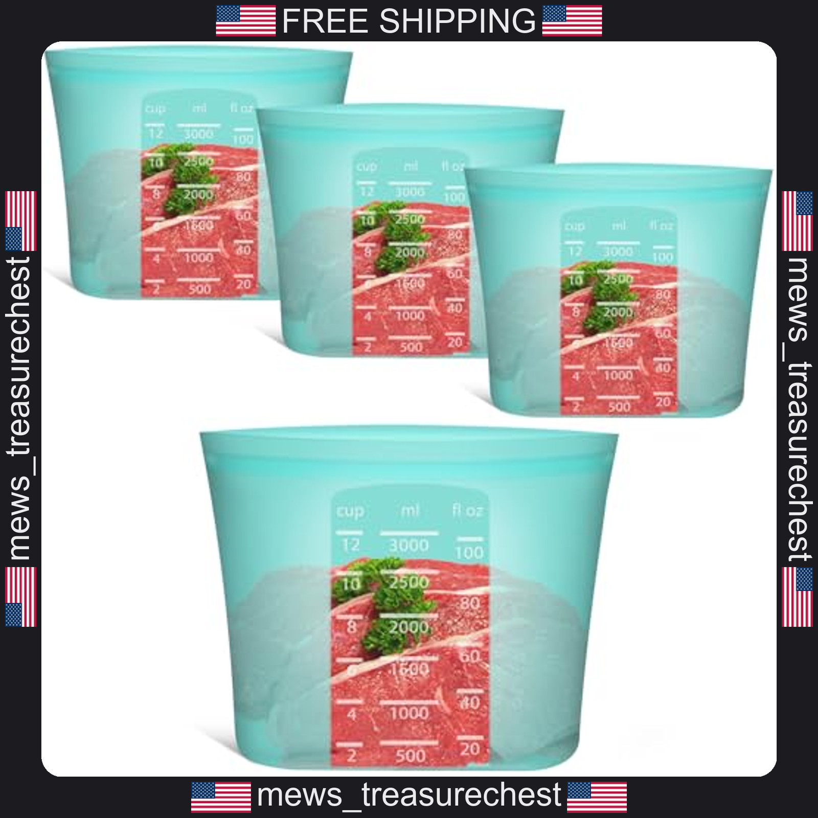 Silicone Food Storage Bags 0.8 Gallon, Reusable, Stand-Up, Wide-Mouth, 4 Pack
