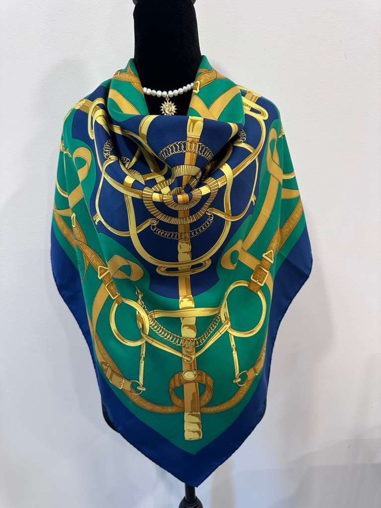 Hermes Silk Scarf Carré 90 Navy Green Hand Rolled Made in France