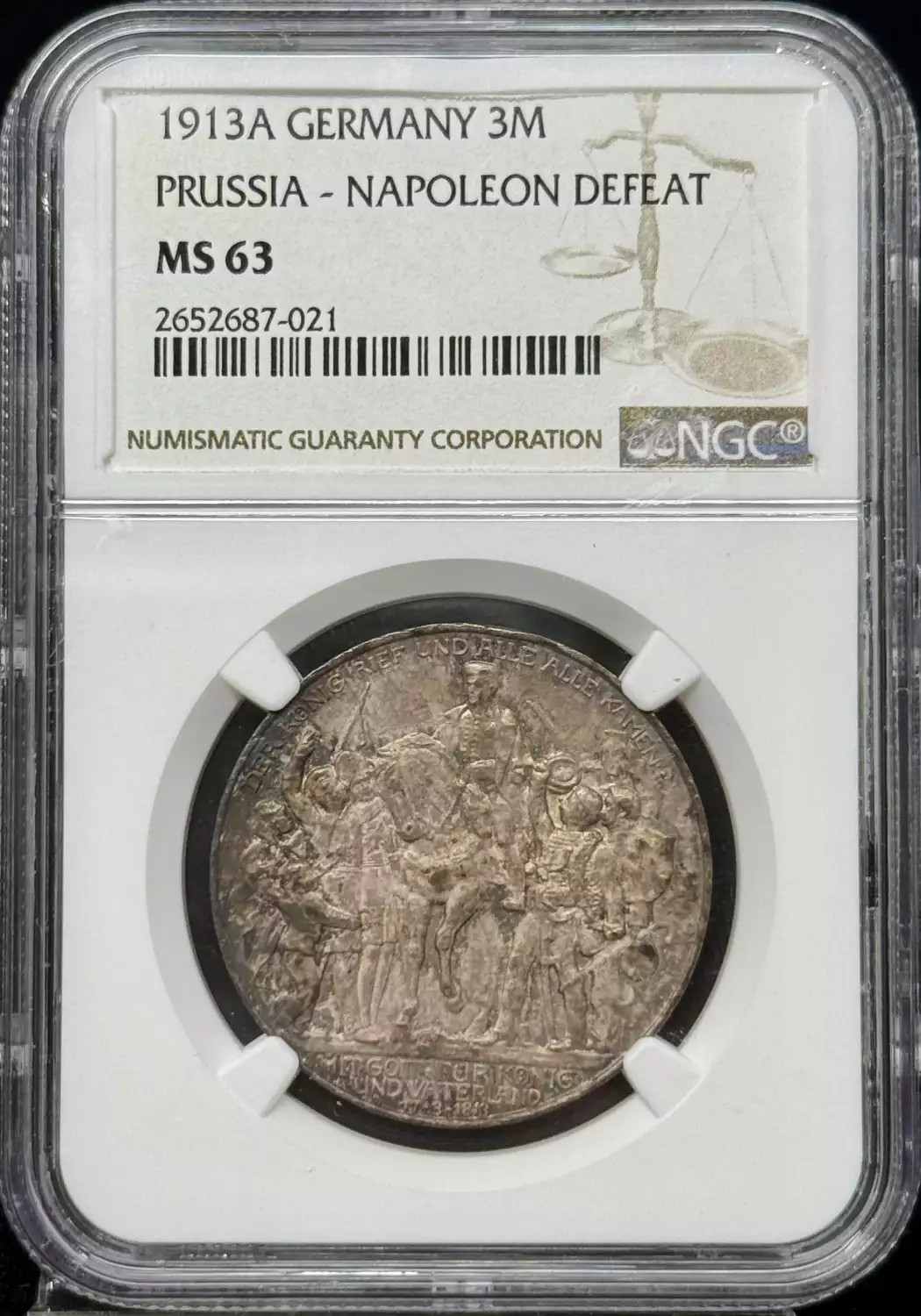 1913 A GERMAN STATES Silver 3 MARK NGC MS-63 PRUSSIA - NAPOLEON DEFEAT