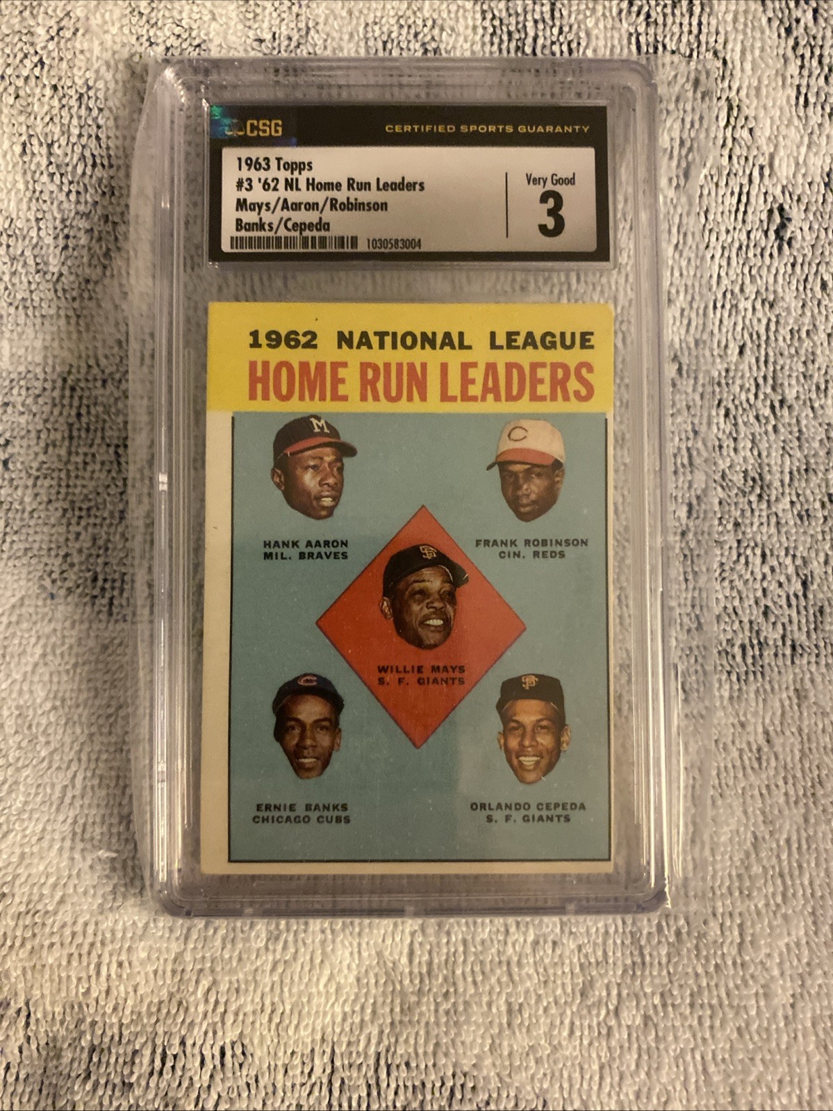 1963 TOPPS 1962 NL HR LEADERS MAYS/AARON/ROBINSON/BANKS/CEPEDA #3 CGC 3 Vintage 1963 TOPPS 1962 NL HR LEADERS MAYS/AARON/ROBINSON/BANKS/CEPEDA #3 CGC 3 Vintage