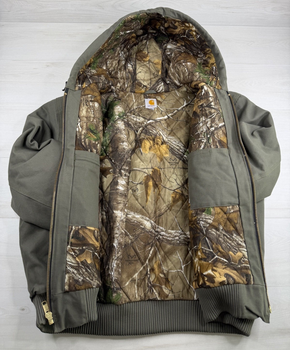 Vtg Carhartt Huntsman Jacket Camo Quilt Lined Moss Green Bomber Y2K Mens 2XL EUC
