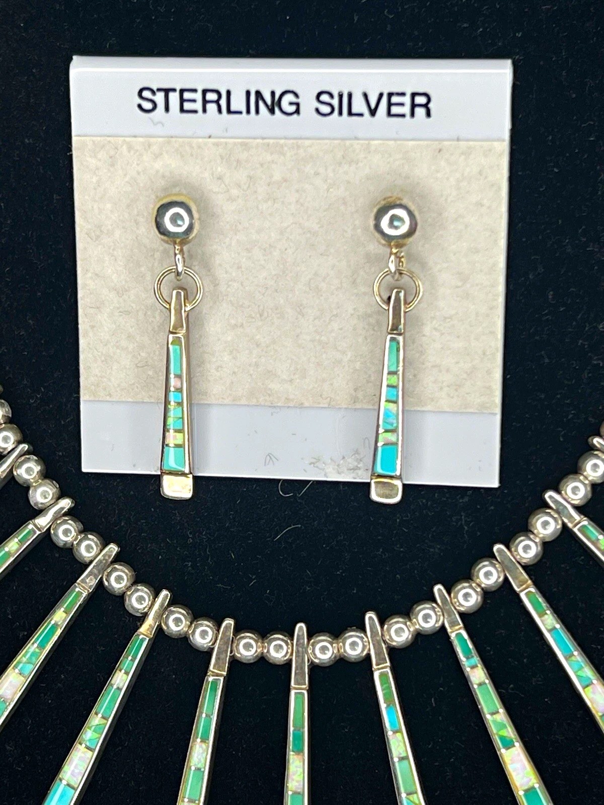925 Sterling Silver Turquoise & Opal Inlay Bib Necklace & Earrings