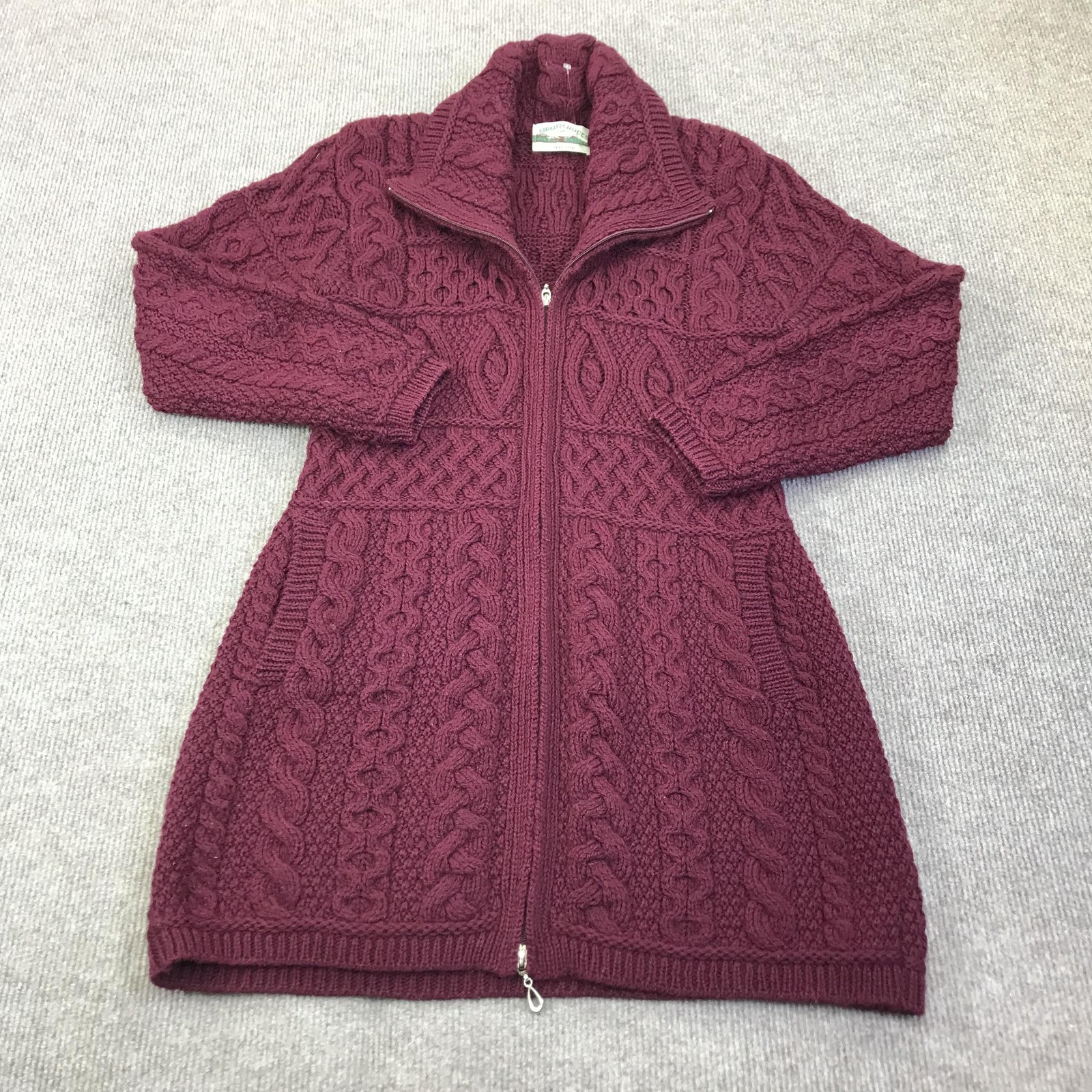 Aran Crafts Sweater Cardigan Womens M Red Merino Wool Knit Full Zip Long Sleeve