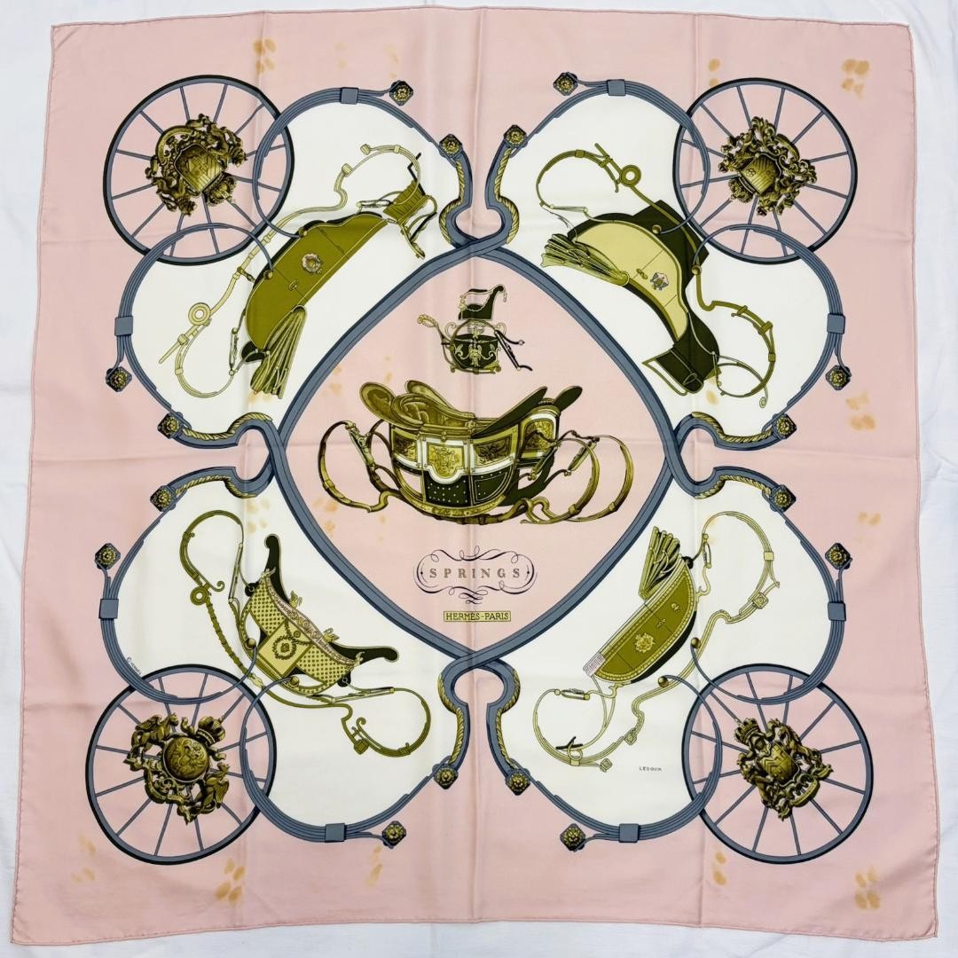 Hermes Carre 90 Silk Scarf SPRINGS Carriage Print Pink Very Good Hermes Carre 90 Silk Scarf SPRINGS Carriage Print Pink Very Good