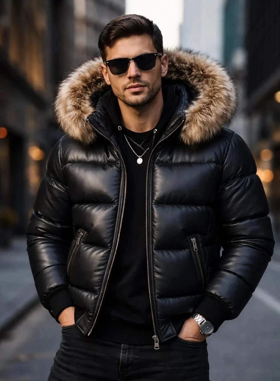 Men’s Genuine Lambskin Puffer Jacket Black Fur Removable Hood Winter Bomber Coat