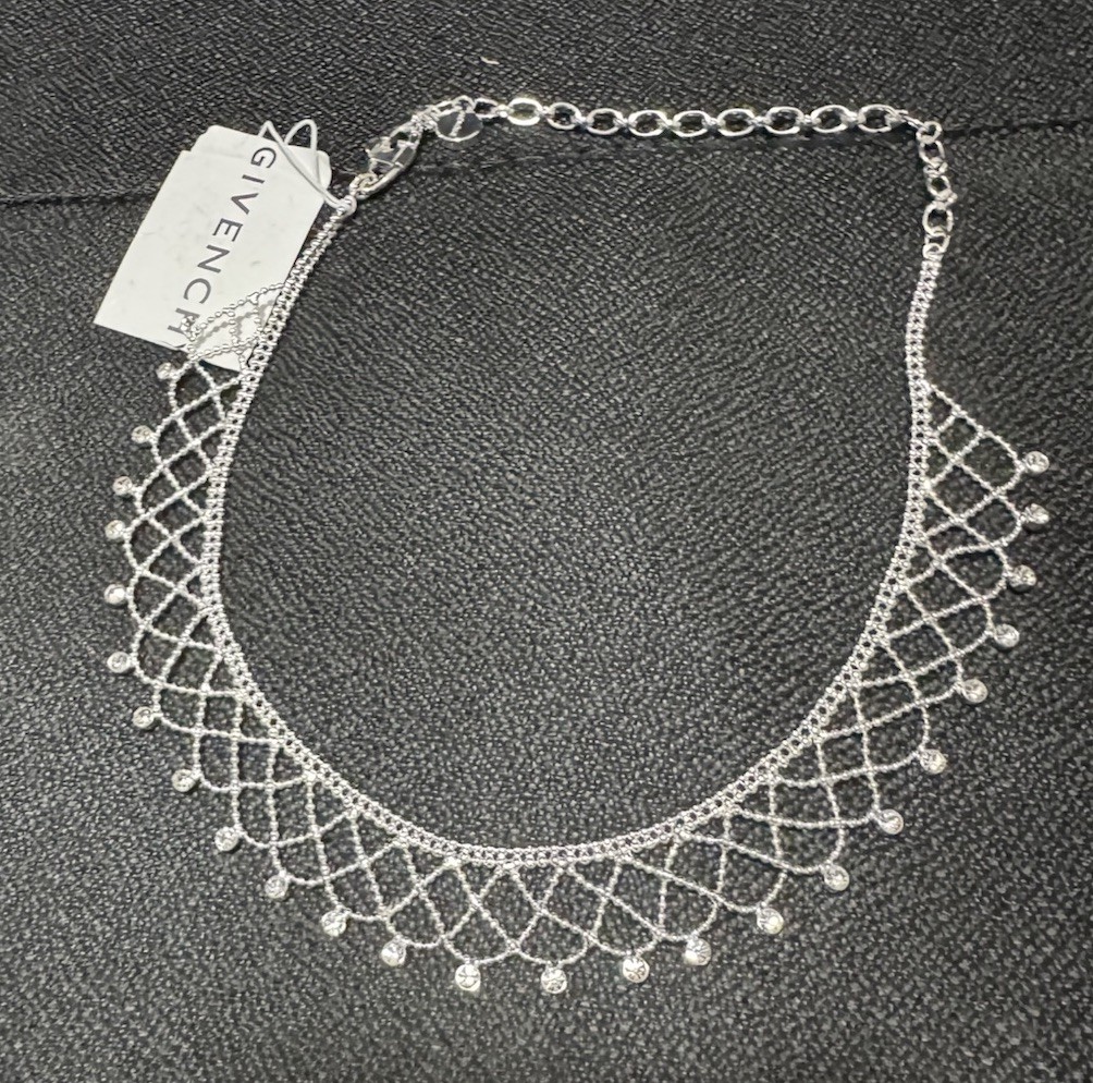 Givenchy Silver Tone Beaded Mesh w/Rhinestones Necklace, Choker, Givenchy Stamp