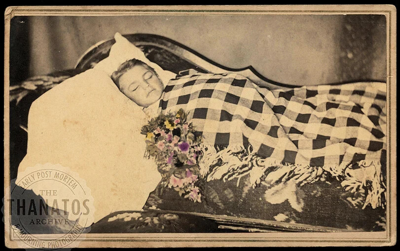 Thanatos.net 1860s Post Mortem CDV of Girl with Blanket & Painted Flowers Photo Thanatos.net 1860s Post Mortem CDV of Girl with Blanket & Painted Flowers Photo