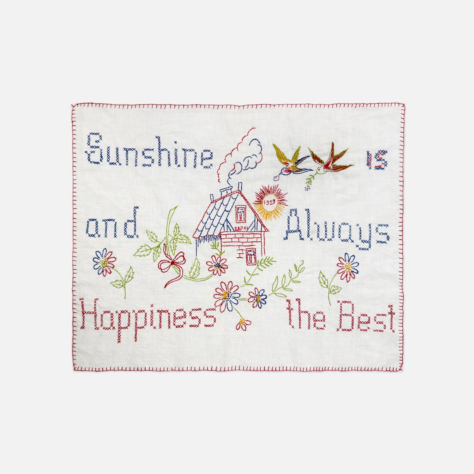 Antique 20s 1929 Hand Embroidered Floral Cottage Sun Birds Sampler Wall Hanging