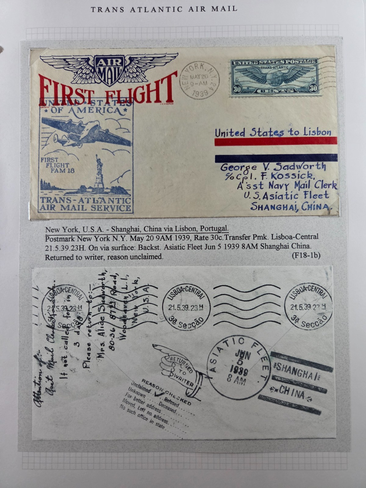 1939 FAM-18 F18-1b First Flight Cover New York Shanghai US Asiatic Fleet
