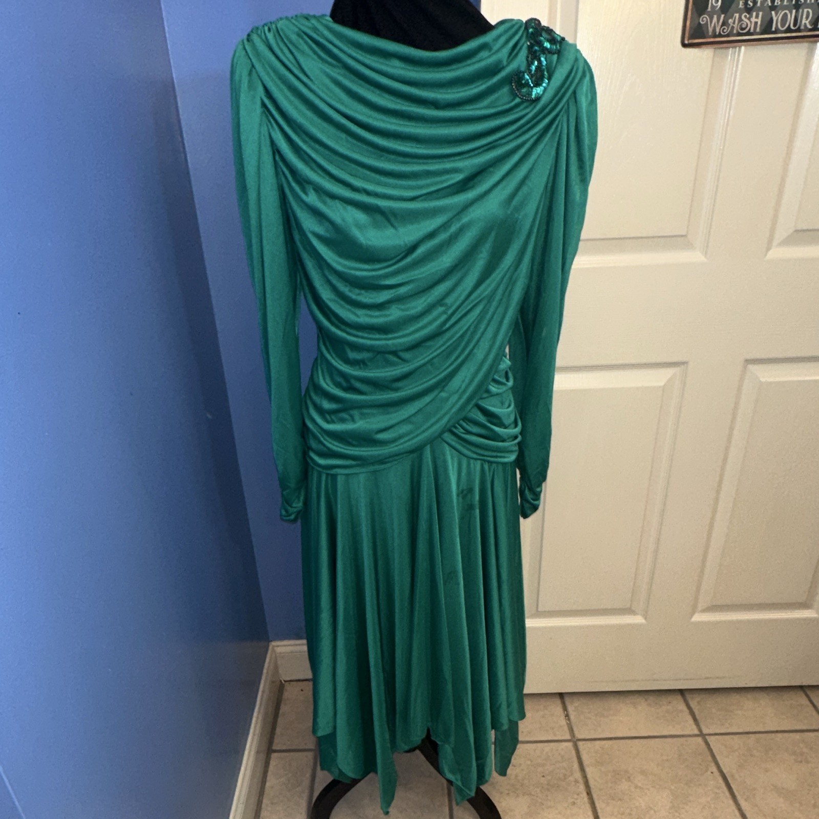 VTG 80s Draped Green Cocktail Dress Ruched Long Sleeve AS IS TLC 