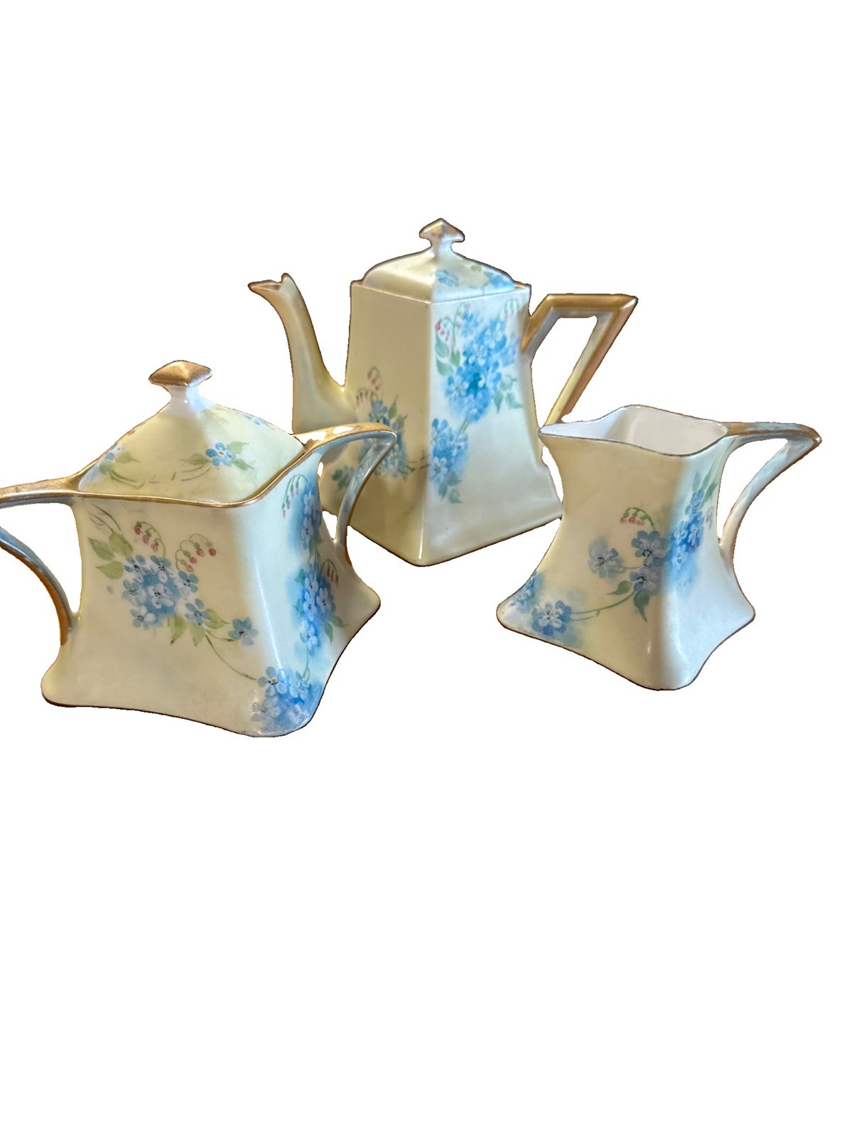 Antique B&C Limoges France Porcelain 3 Pc Tea Set Forget Me Not Signed by Artist