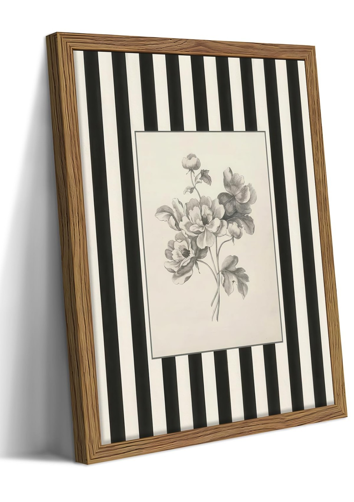 Vintage Floral Wall Art Print - Black & White Stripes Canvas Decor 12x16