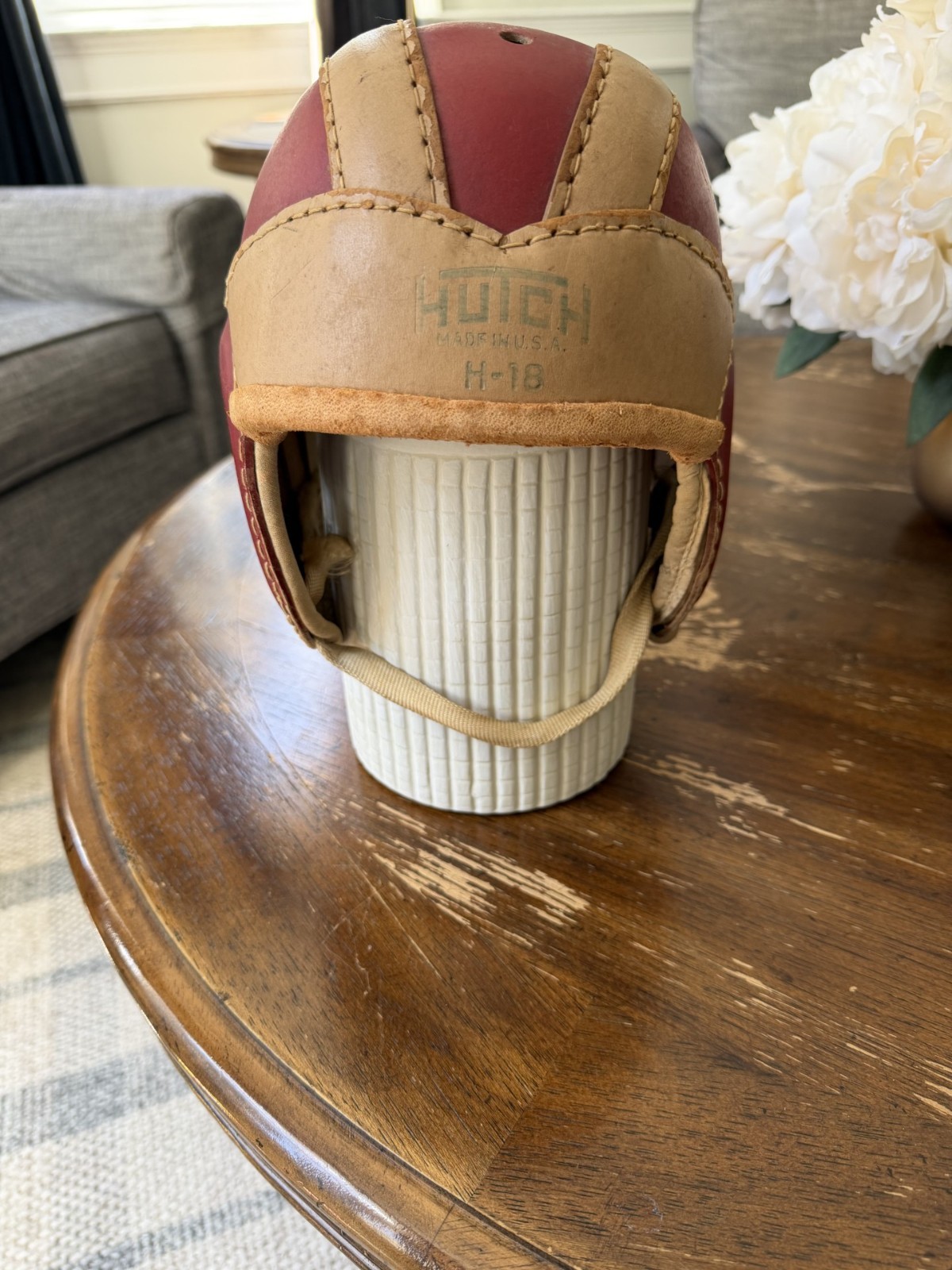 Authentic vintage 1940\'s Hutch H-18 Leather Football Helmet Red