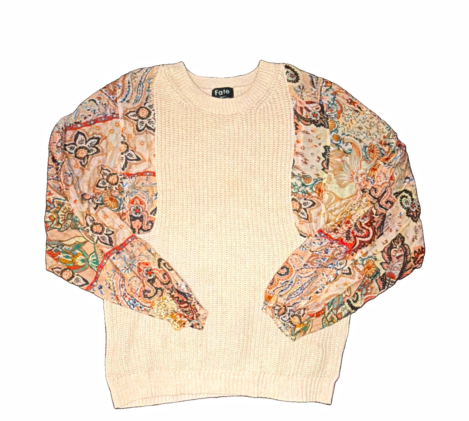Fate Womens Small Beige Knit Sweater Floral Paisley Balloon Sleeve Pullover Fate Womens Small Beige Knit Sweater Floral Paisley Balloon Sleeve Pullover