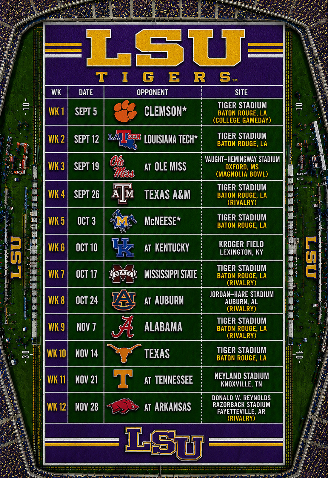 LSU Tigers 2026 Football Schedule Poster Multiple Size Avail. V2 GEAUX TIGERS