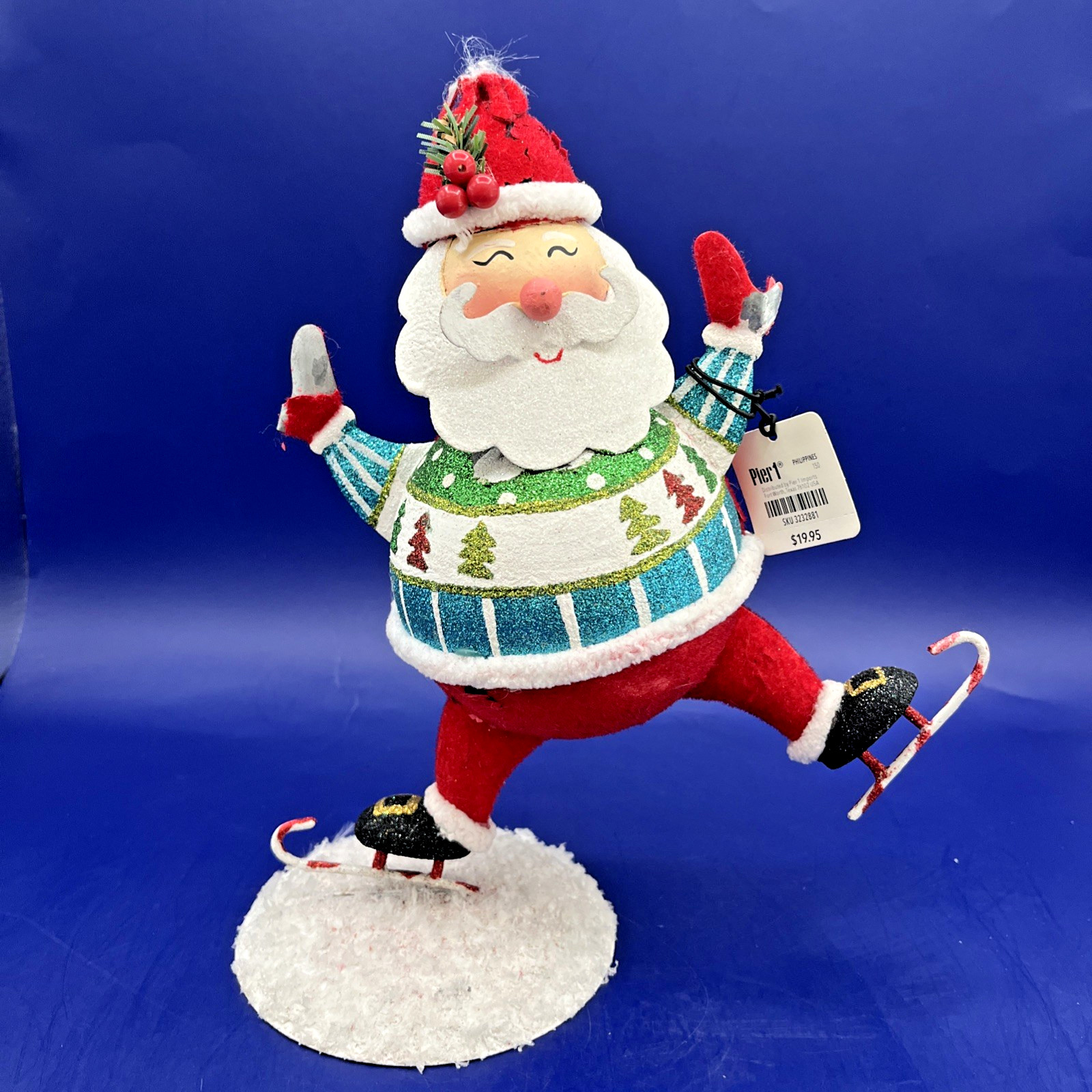 Vintage Pier 1 Imports Glitter Skiing Santa Christmas Decoration READ
