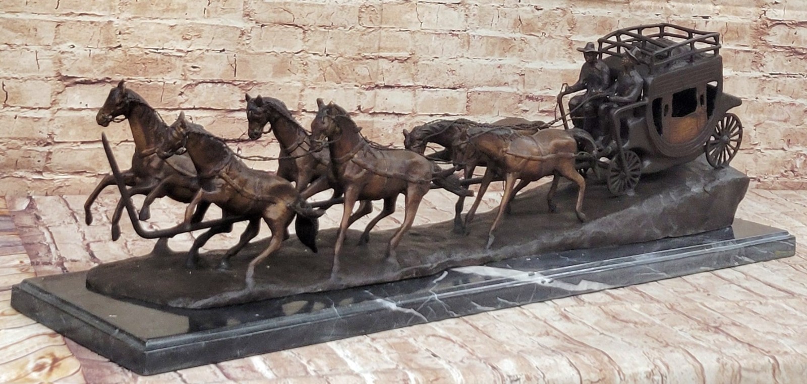 Large Stagecoach Horse Old West Bronze Sculpture Marble Base Figurine