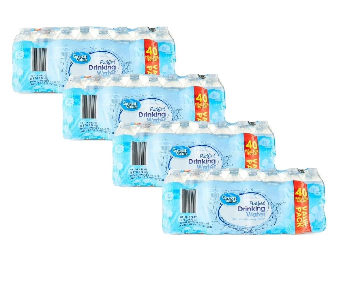 NEW (4 pack) 16.9 Fl. Oz., Great Value Purified Drinking Water, 40 Count NEW (4 pack) 16.9 Fl. Oz., Great Value Purified Drinking Water, 40 Count