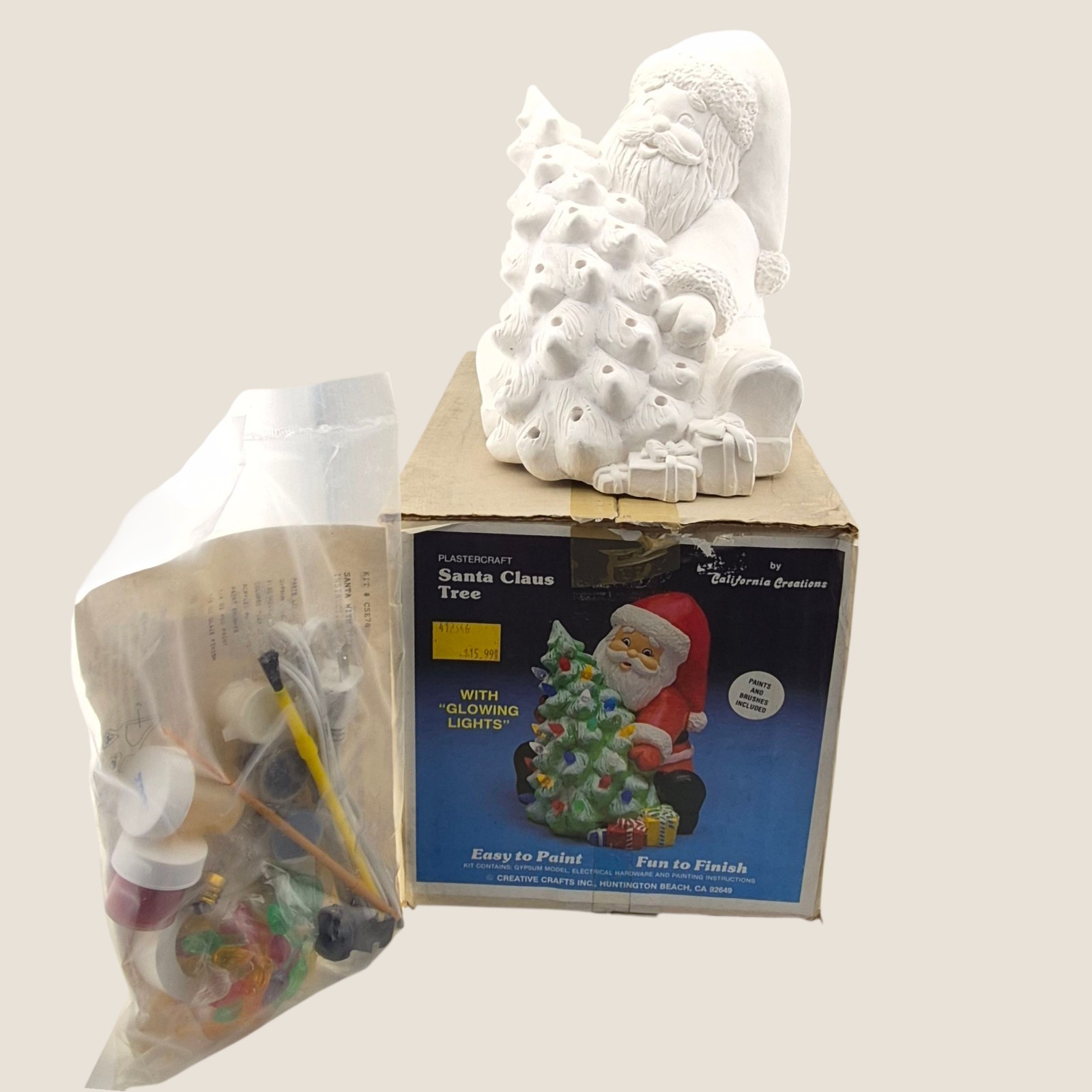 Vintage Plastercraft Cali Ceramic Light up Christmas Tree and Santa Nos In Box 