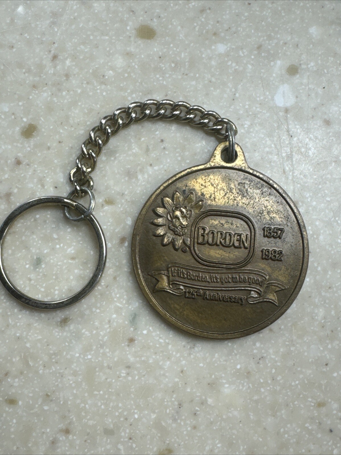 VTG Borden Dairy 125th Anniversary Coin Medallion Metal Keychain FOB 1857-1982