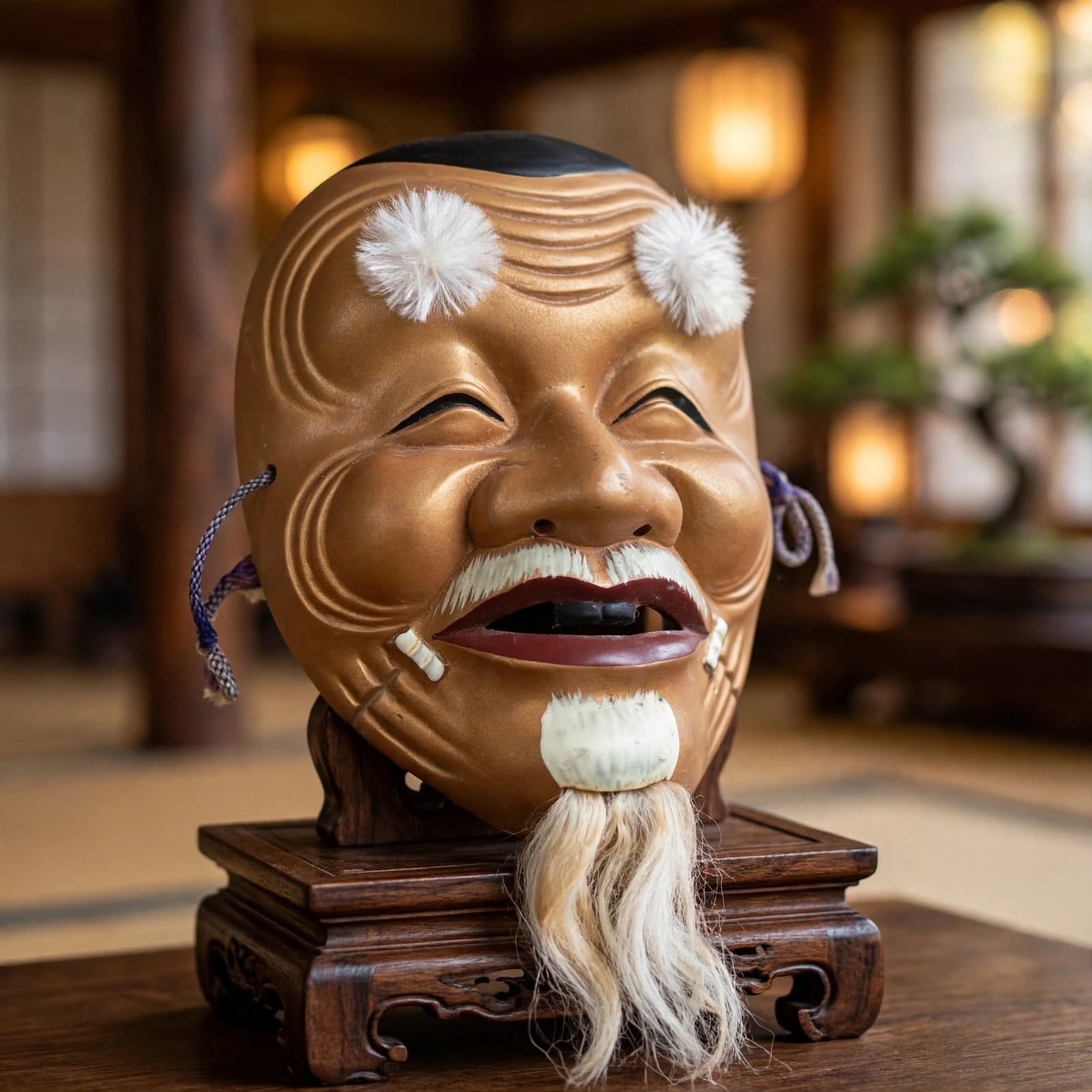 Rare 37Y Vintage 1989 Okina Mask - Japanese Ceramic Noh Mask 16x14cm - Showa Era