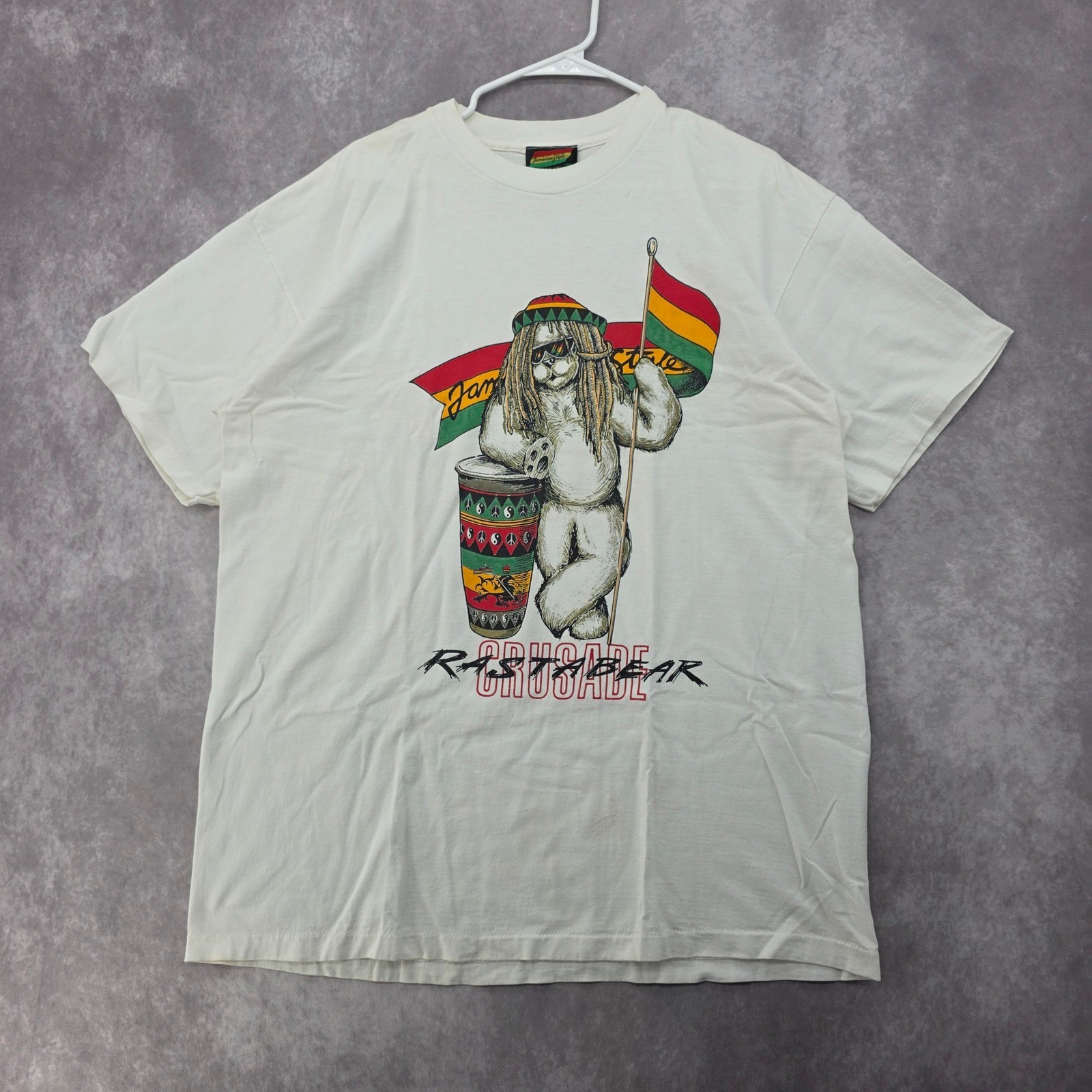 Vintage Jamaican Style Rastabear Crusade T-Shirt XL White Single Stitch 90s USA