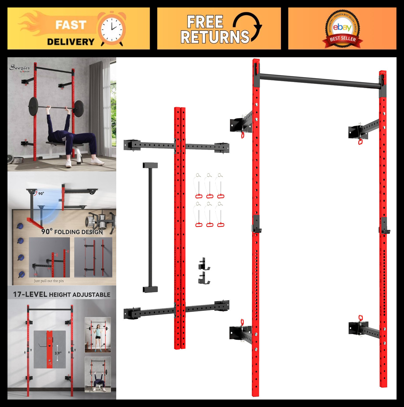 Folding Squat Rack with Adjustable Pull-Up Bar, 1000 lbs Capacity, Wall-Mounted