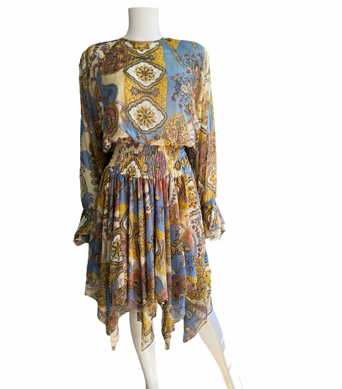 Vintage Diane Freis Paisley Sheer Smocked Beaded Handerchief Hem Dress READ