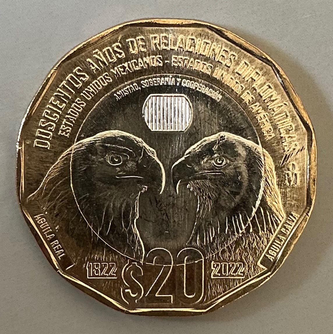 2022 MEXICO  $20 PESOS 200AÑOS DE  RELACIONES DIPLOMATICAS MEX-USA UNCIRCULATED