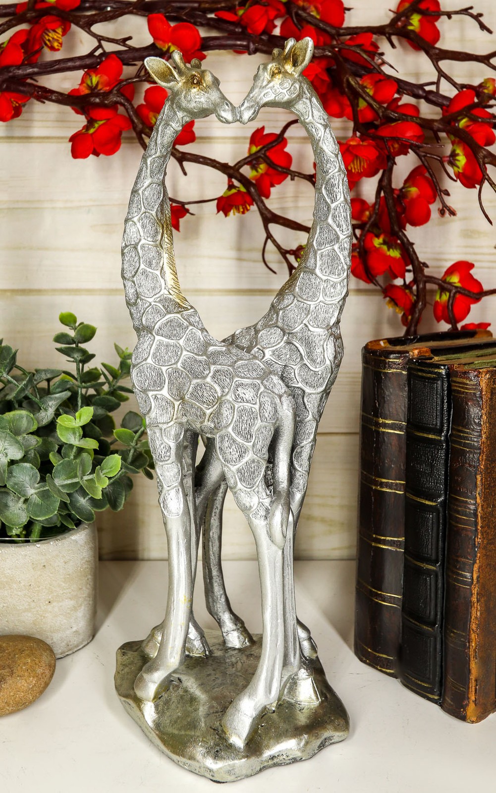 Large Silver Giraffe Heart Lovers Couple Statue 12.5\