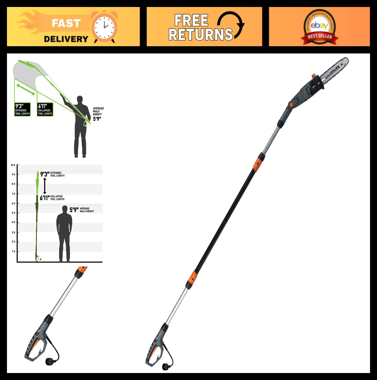 10-Inch 8-Amp Corded Pole Saw with Adjustable Head for Tree Trimming & Pruning 10-Inch 8-Amp Corded Pole Saw with Adjustable Head for Tree Trimming & Pruning