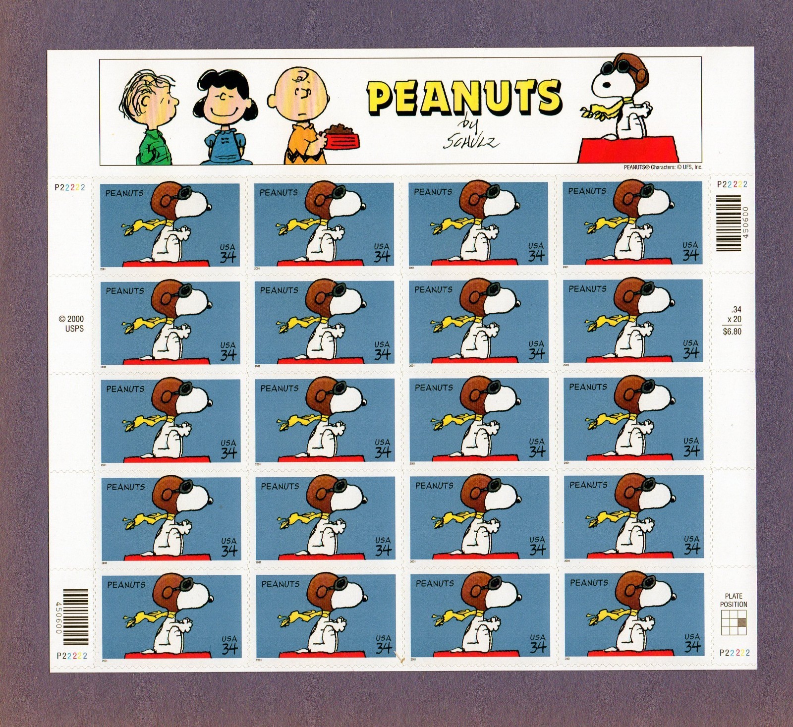 U.S. COMM PANE OF 20 SCOTT#3507 2001 34ct PEANUTS COMIC STRIP MNH P#P22222 U.S. COMM PANE OF 20 SCOTT#3507 2001 34ct PEANUTS COMIC STRIP MNH P#P22222