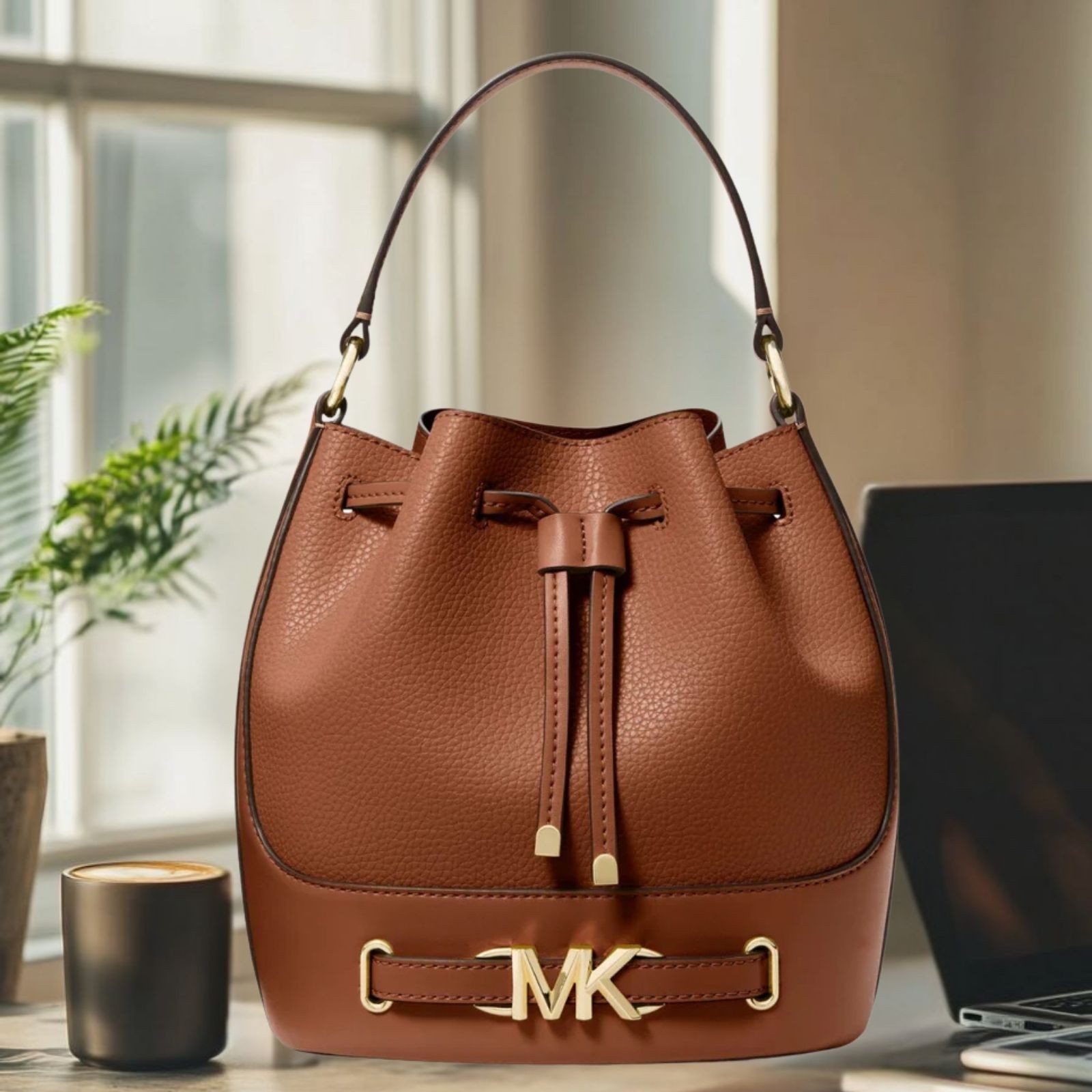Michael Kors Reed Women Medium Pebbled Leather Crossbody Bucket Bag Luggage