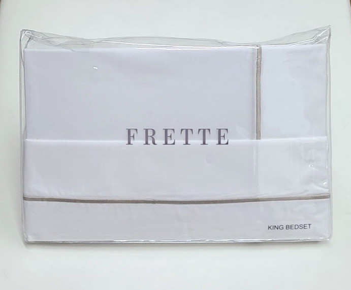 Frette One Bourdon King Sheet Set White/Sepia Cotton Percale