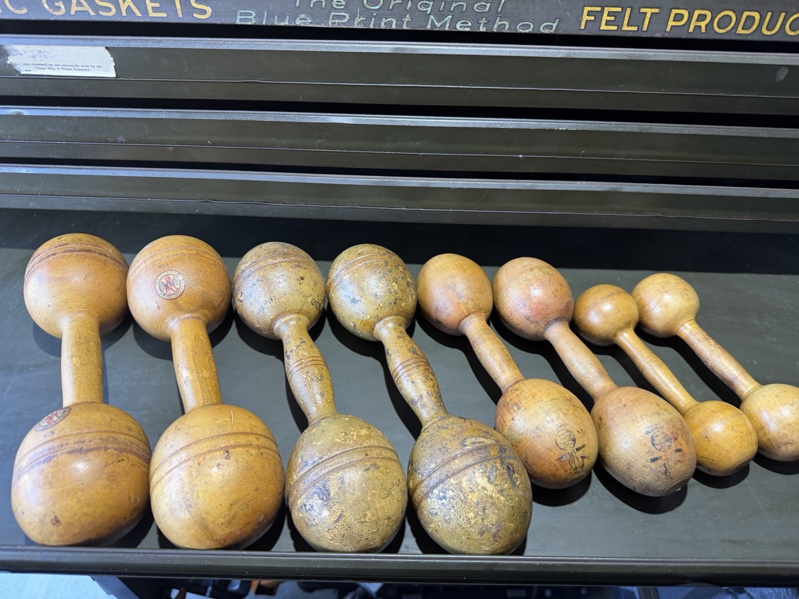 Antique Wooden Dumbbells Victorian/Edwardian 1890s-1900s, Lot Of 8 Fitness Decor