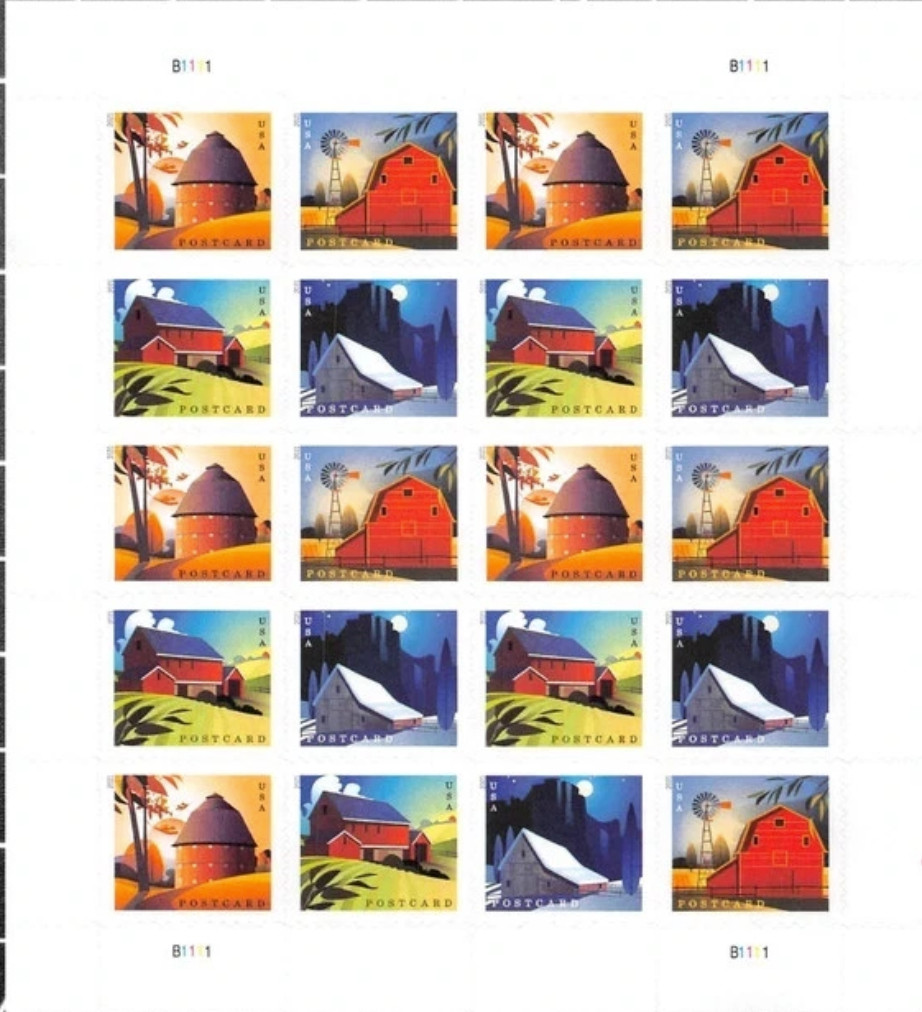 2021 USPS POSTCARD RATE STAMPS BARNS 5 sheets of 20 -100 pcs 