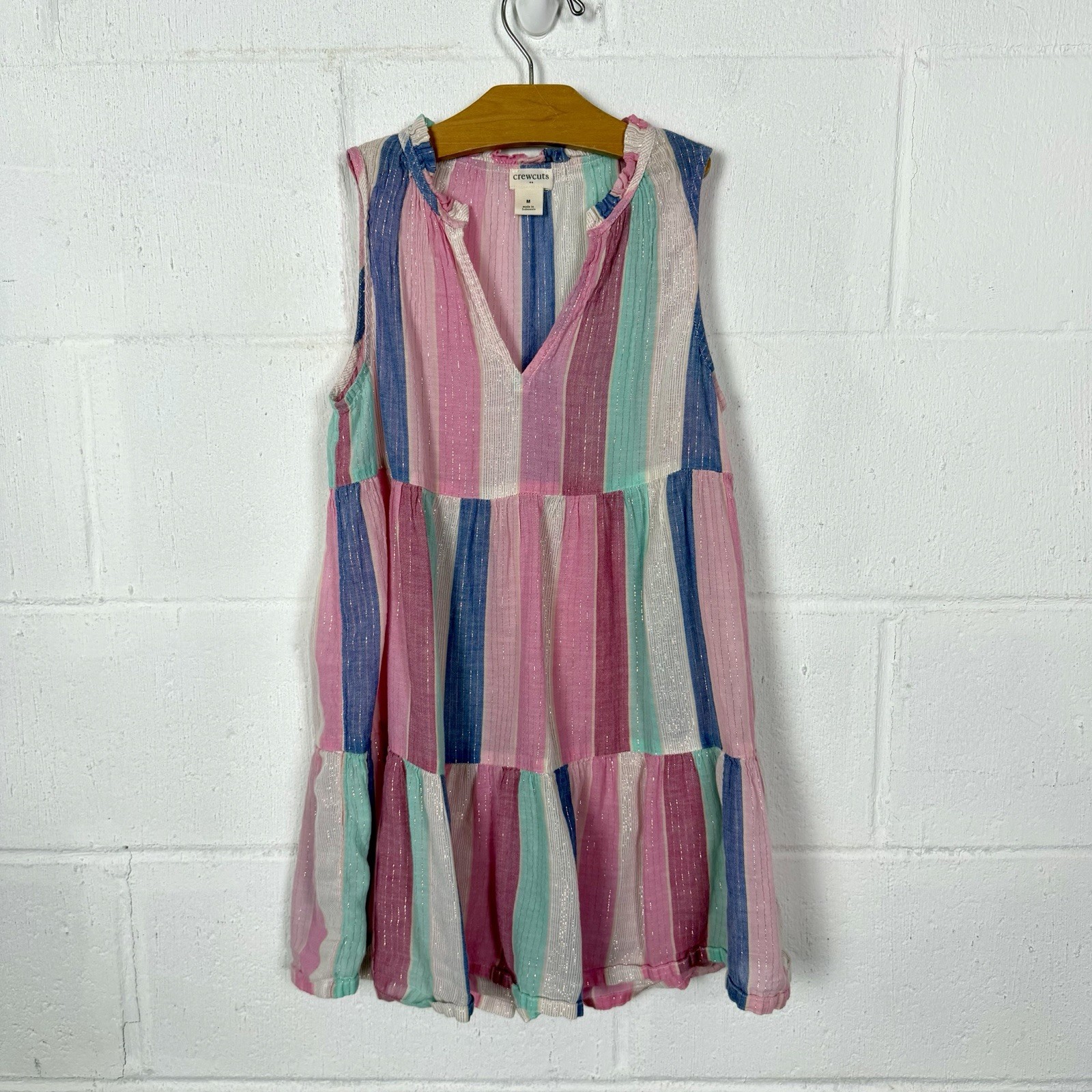 Crewcuts Girls Peasant Sun Dress SZ M Party Tiered Ruffle Neck Metallic Sparkle