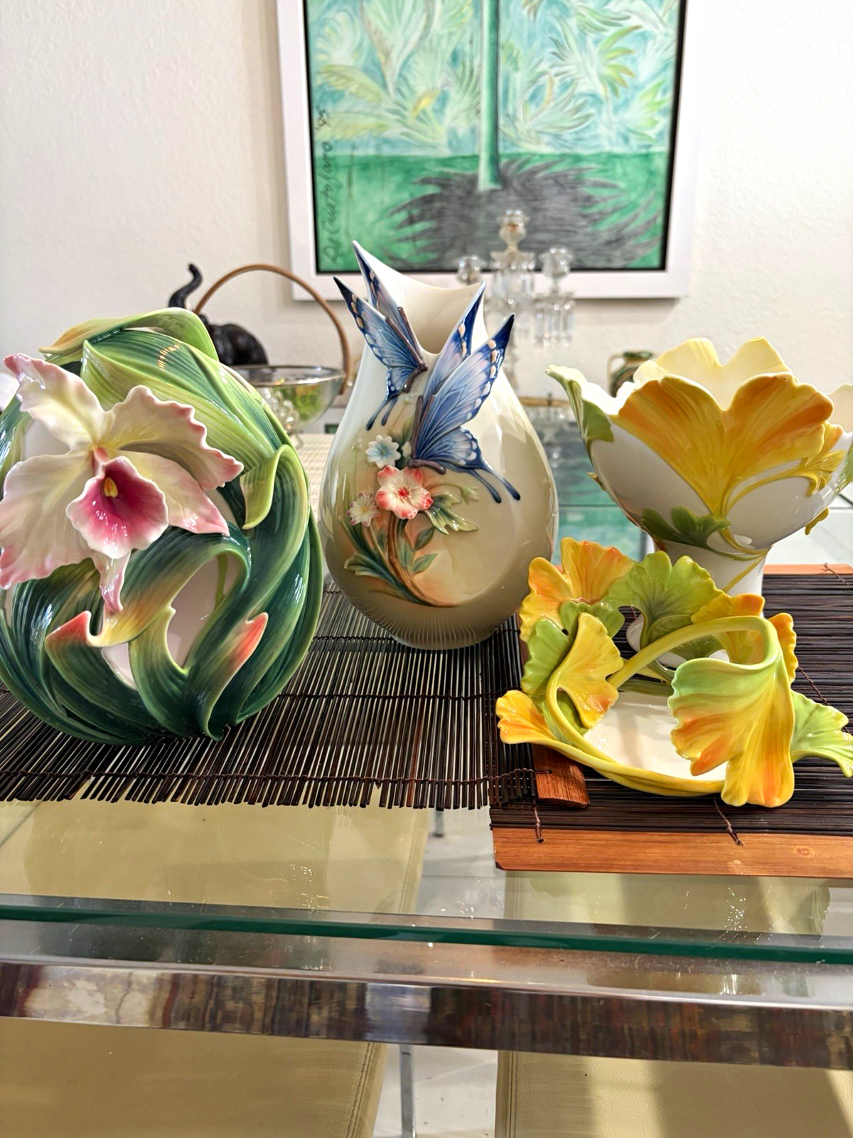 Franz Multicolor Floral Porcelain 4 Pieces, 4 3D  Flowers Butterfly Lotus