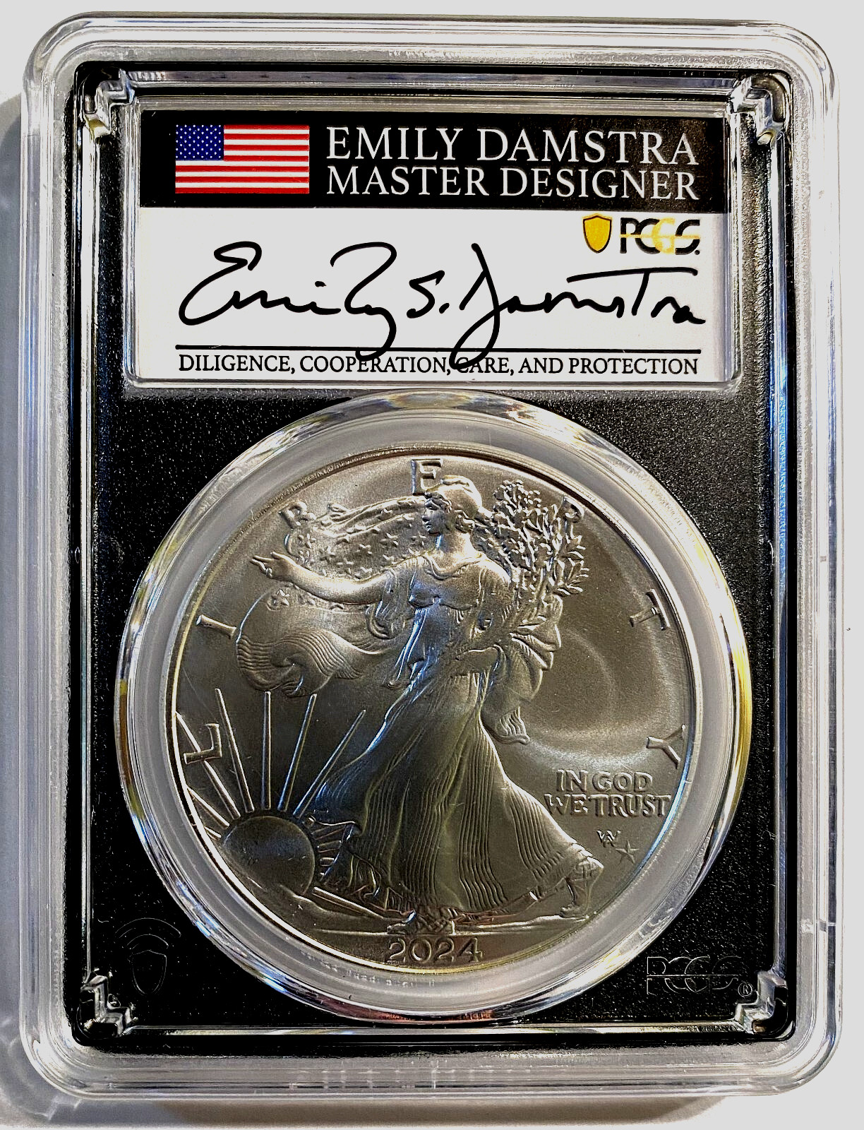 2024 P SILVER EAGLE STAR PRIVY PCGS MS70 DAMSTRA FDOI RARE BLACK CORE