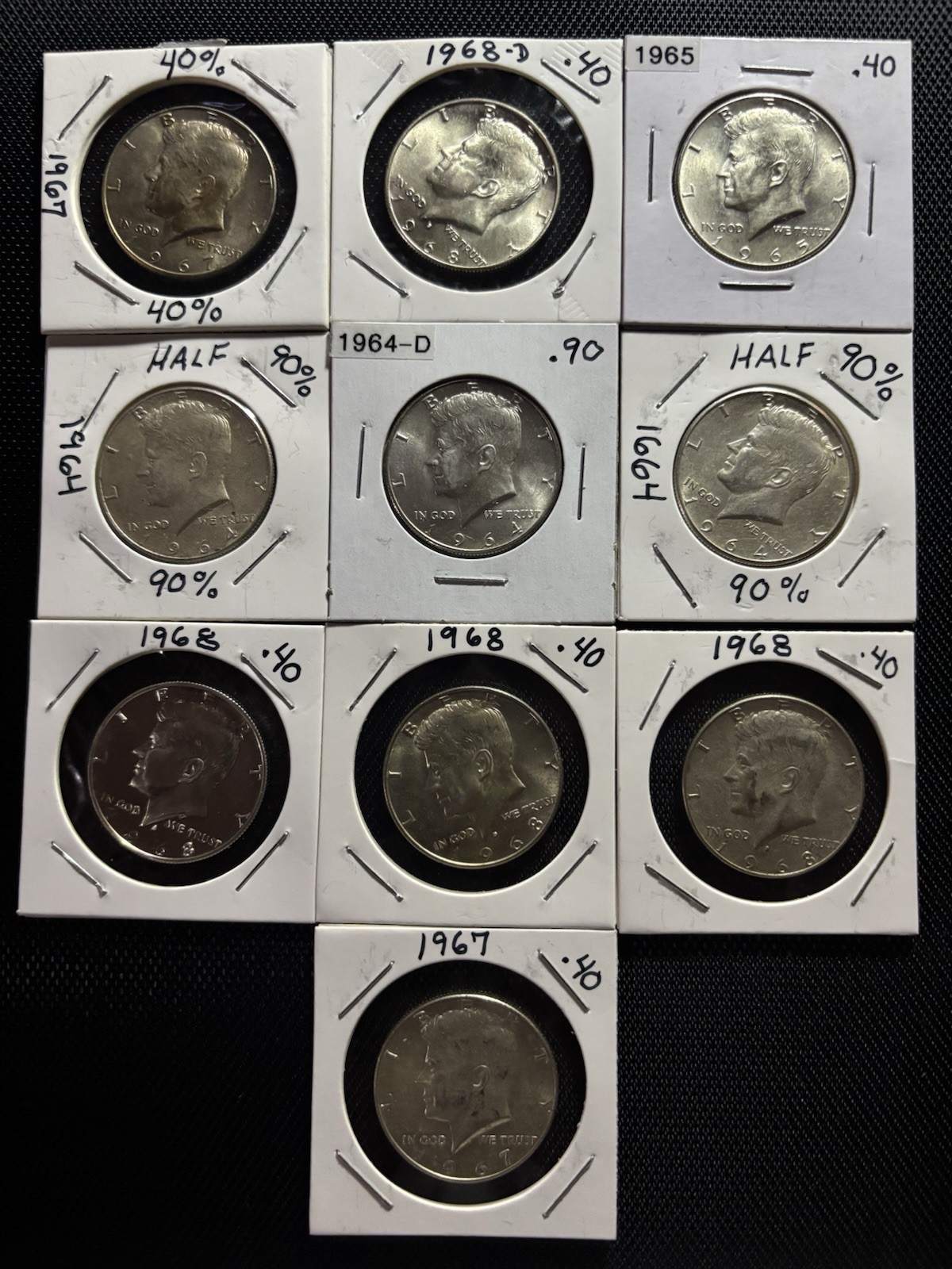 Kennedy Half Dollar Silver Lot 10 Coins 1964–1968 • 3x 90% & 7x 40% Silver