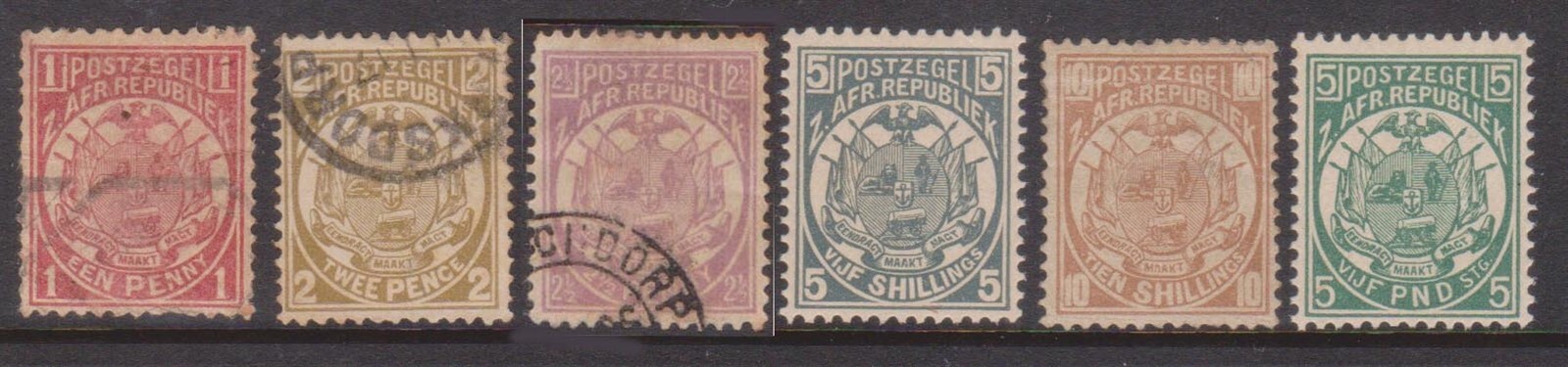 (F273-37) 1885 Transvaal mix of 6stamps 1d to 5 pound (reprint maybe) (AL) (LD26
