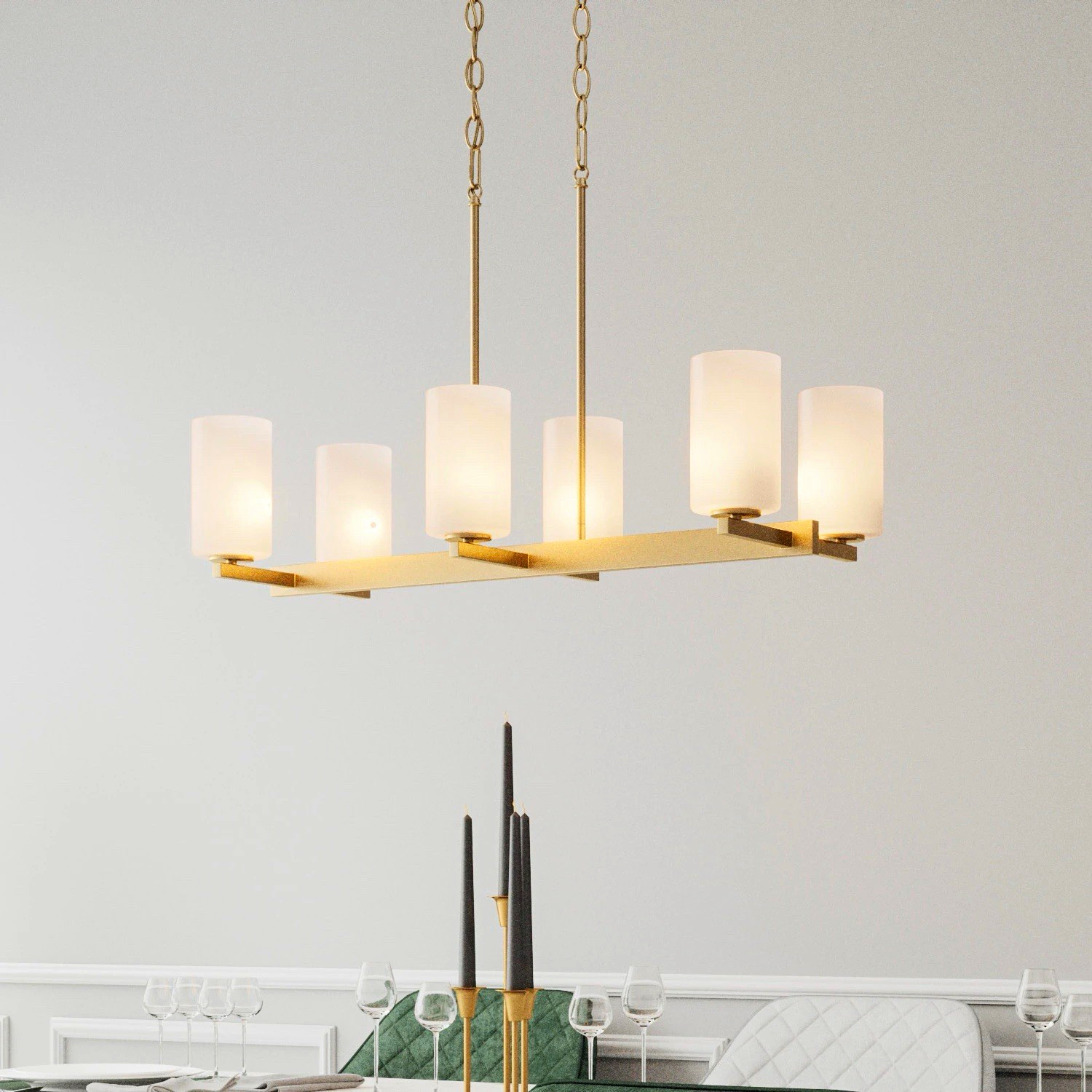 Quoizel Vista Luxe 6-Light Linear Chandelier Nouveau Gold w/ White Glass Shades