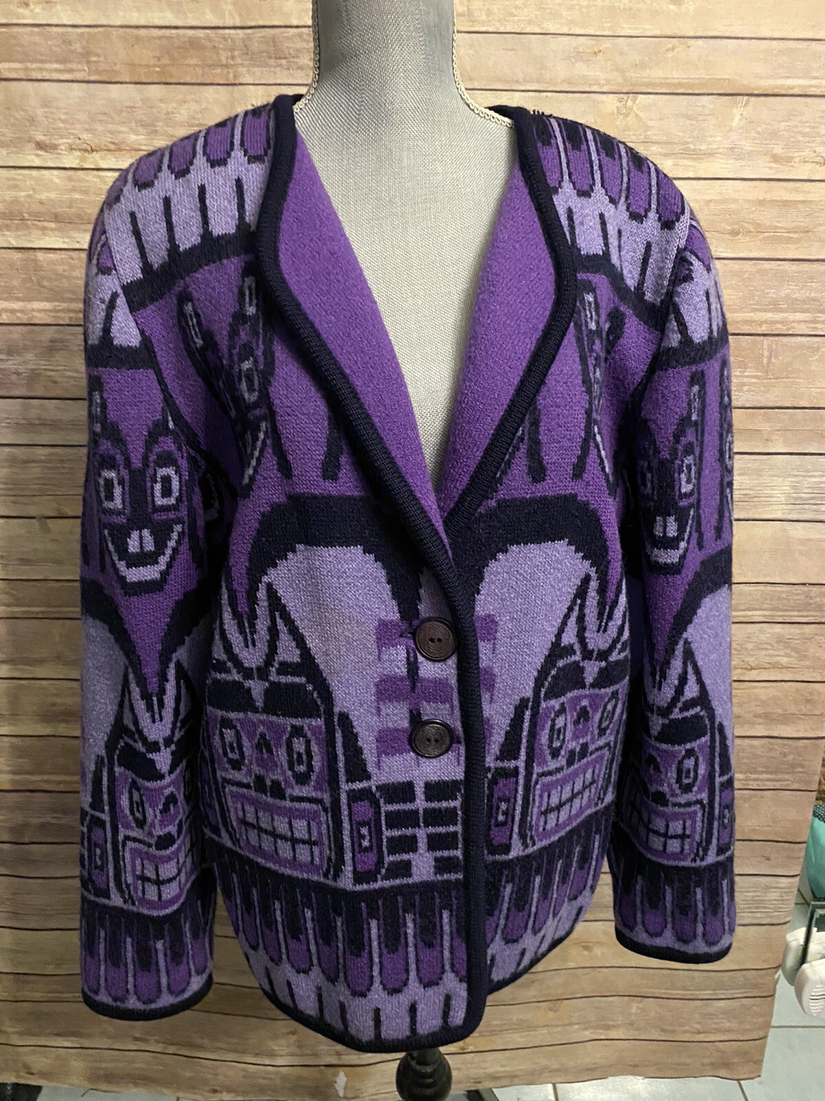 Vintage Longhouse Handmade Canada Wool Cardigan Purple Native Tiki Size 12