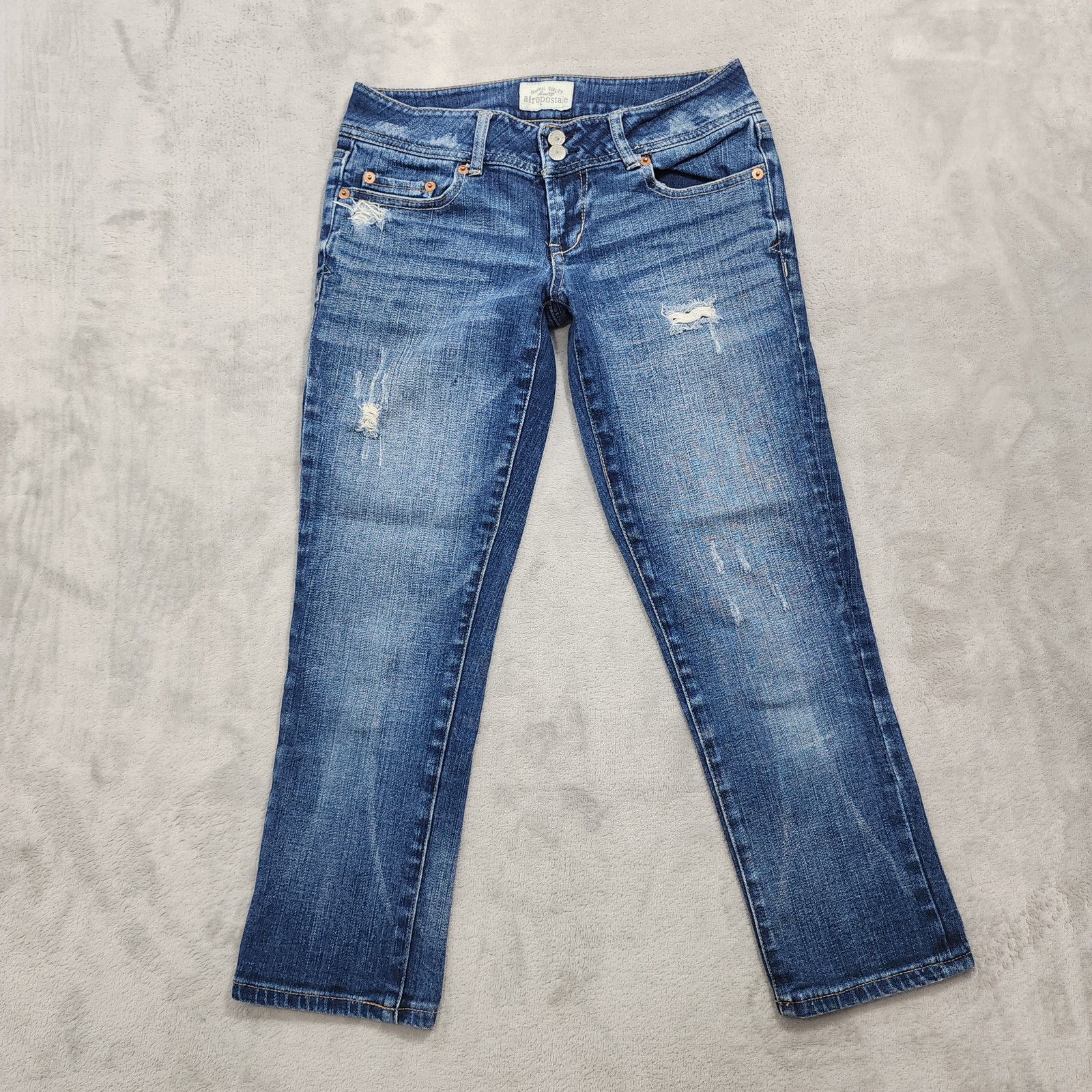 Aeropostale Jeans Womens 1/2 Blue Low Rise Straight Crop Distressed Stretch
