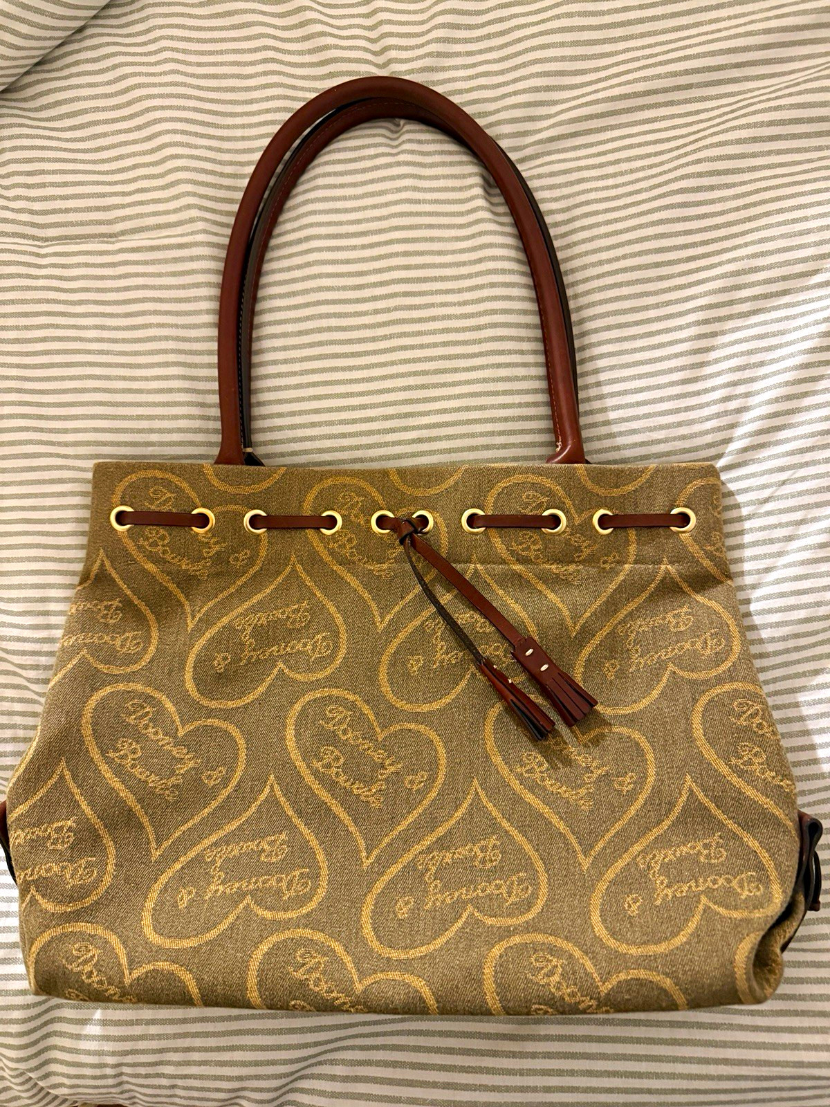 Dooney & Bourke Heart Logo Shoulder Bag Snap Close Double Handles Brown Beige