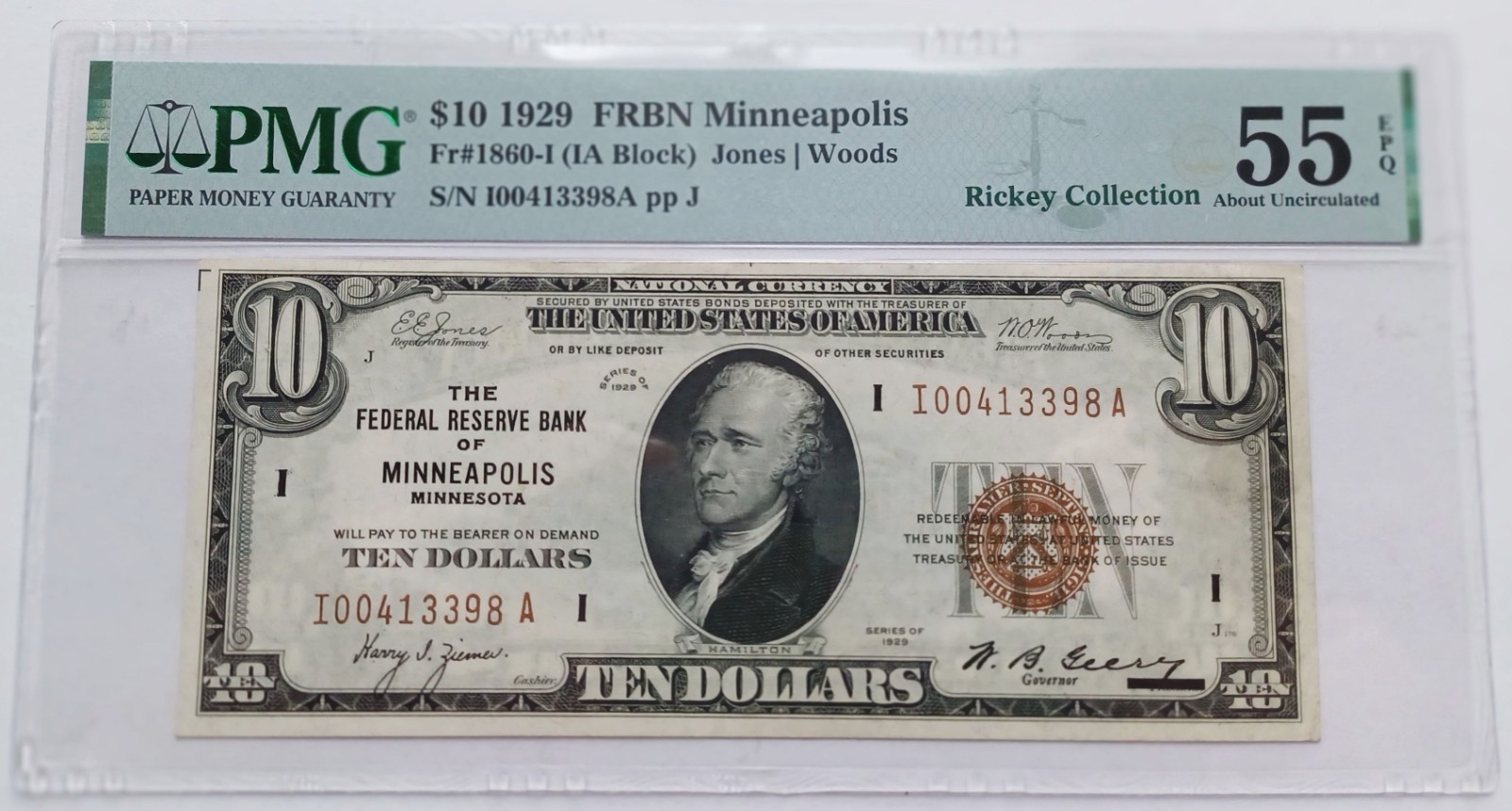 1929 $10 Minneapolis FRBN Fr 1860-I PMG 55 EPQ AU, Rickey Collection,Jones Woods