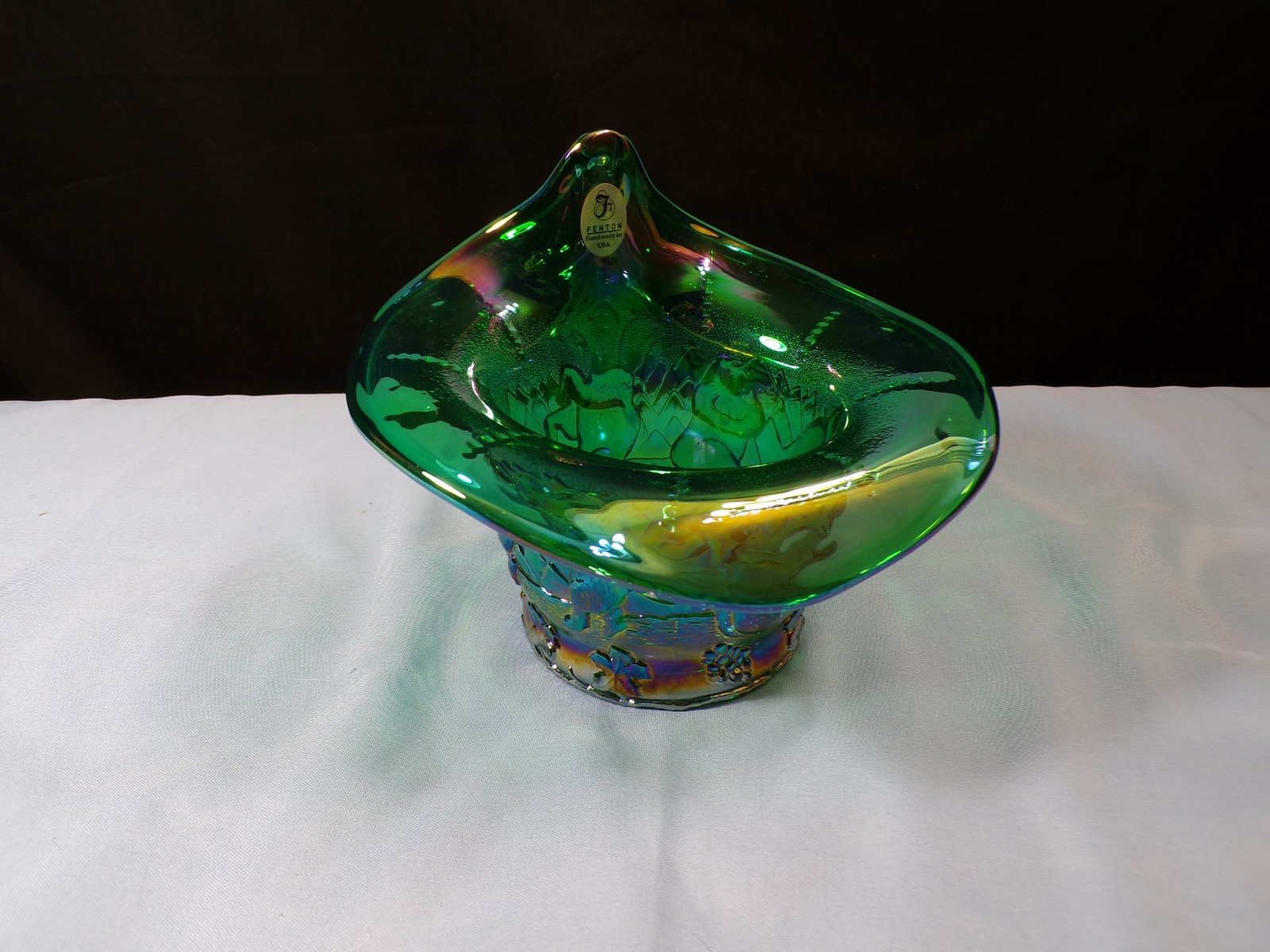 Fenton 2003 ICGA Frolicking Bears Green Carnival Glass Jack in the Pulpit Vase